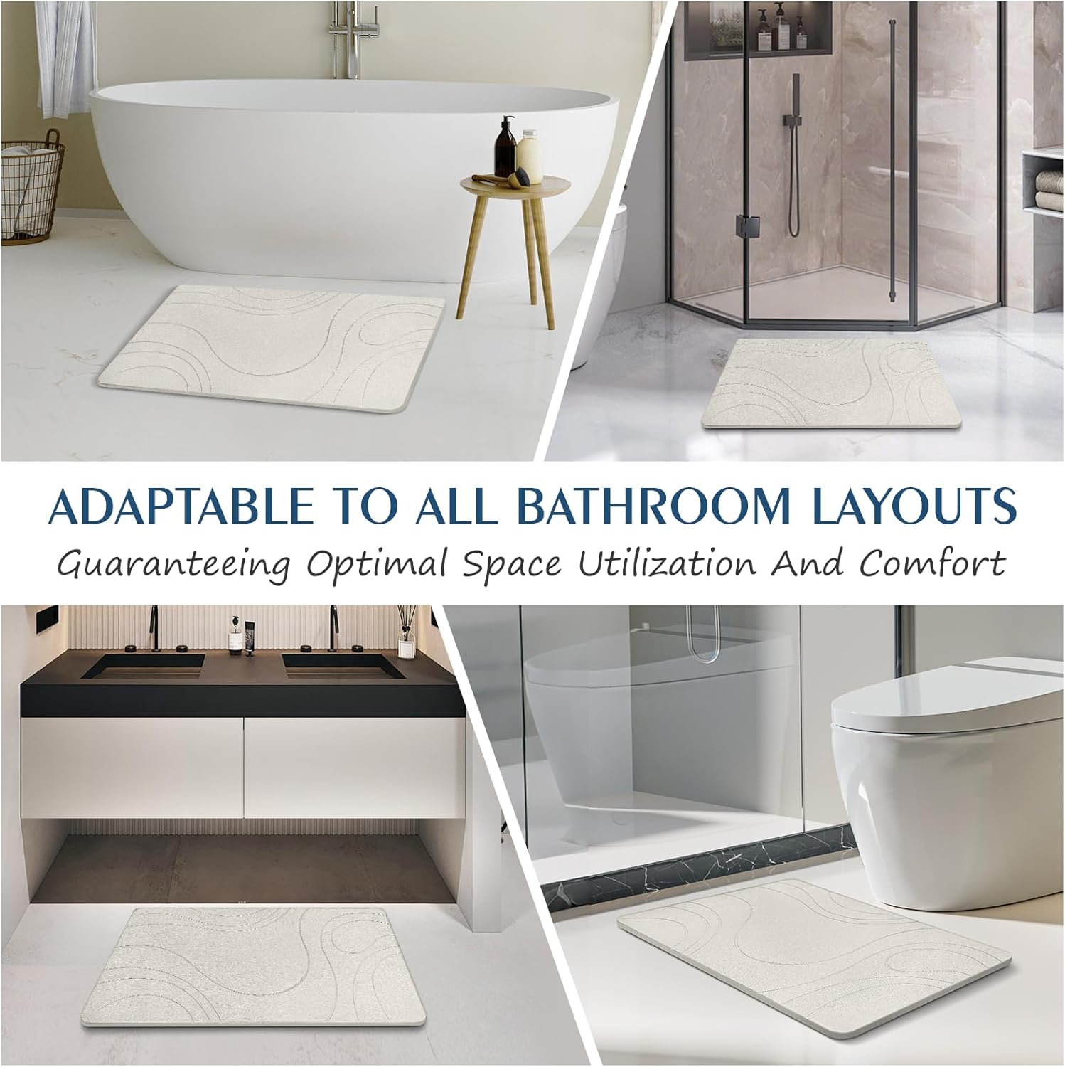 Stone Bath Mat Quick Dry Diatomaceous Earth Bath Mat Non-Slip Shower Stone Bathmat Super Absorbent Water Diatomite Bathroom Floor Pad Elegant,Natural,Esay to Clean (Flow Line-Beige)