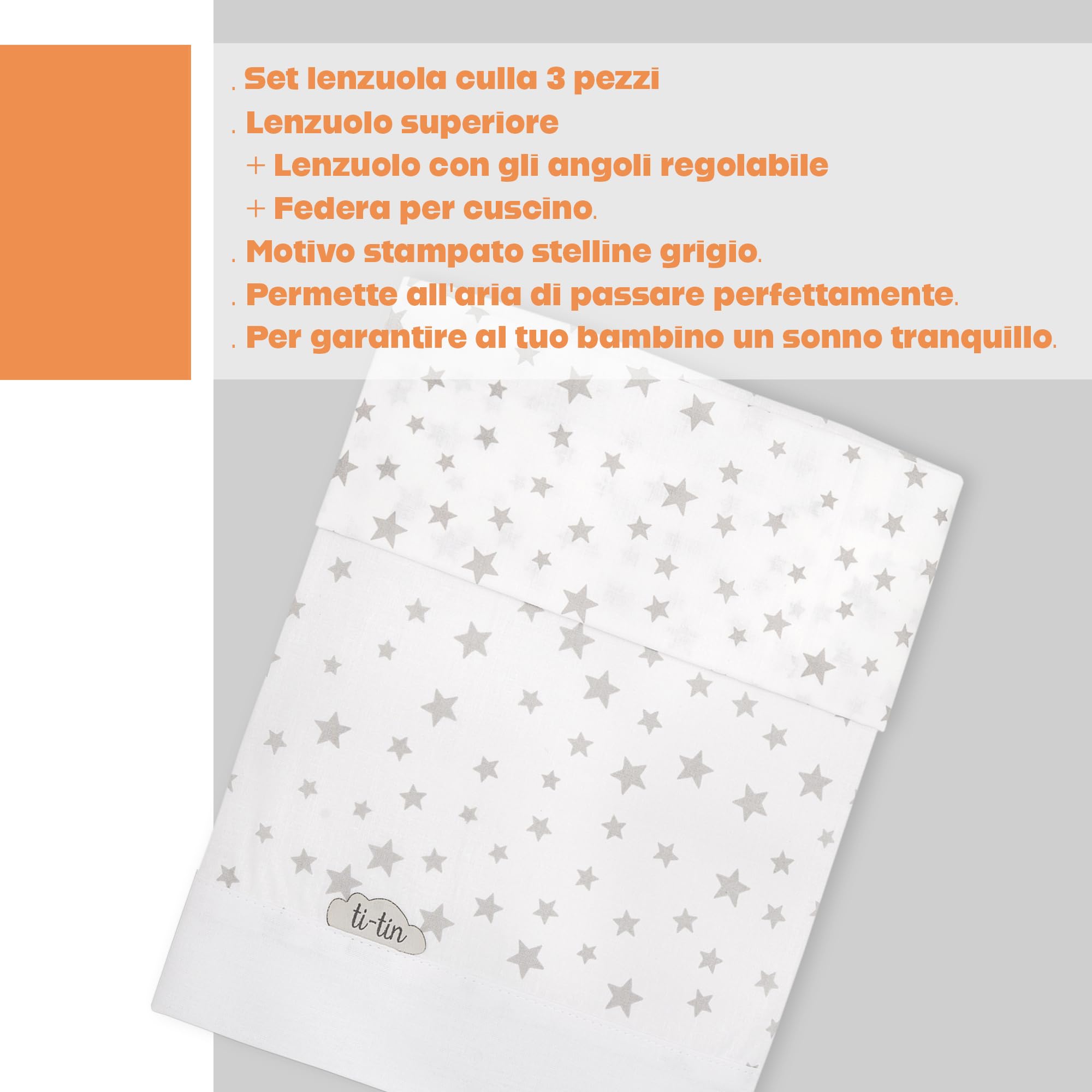 Ti TIN | Set Per Culla con Lenzuolo con Angoli, Lenzuolo, Federa, 100% Cotone | Set di 2 Lenzuola e 1 Federa | 60x120 cm