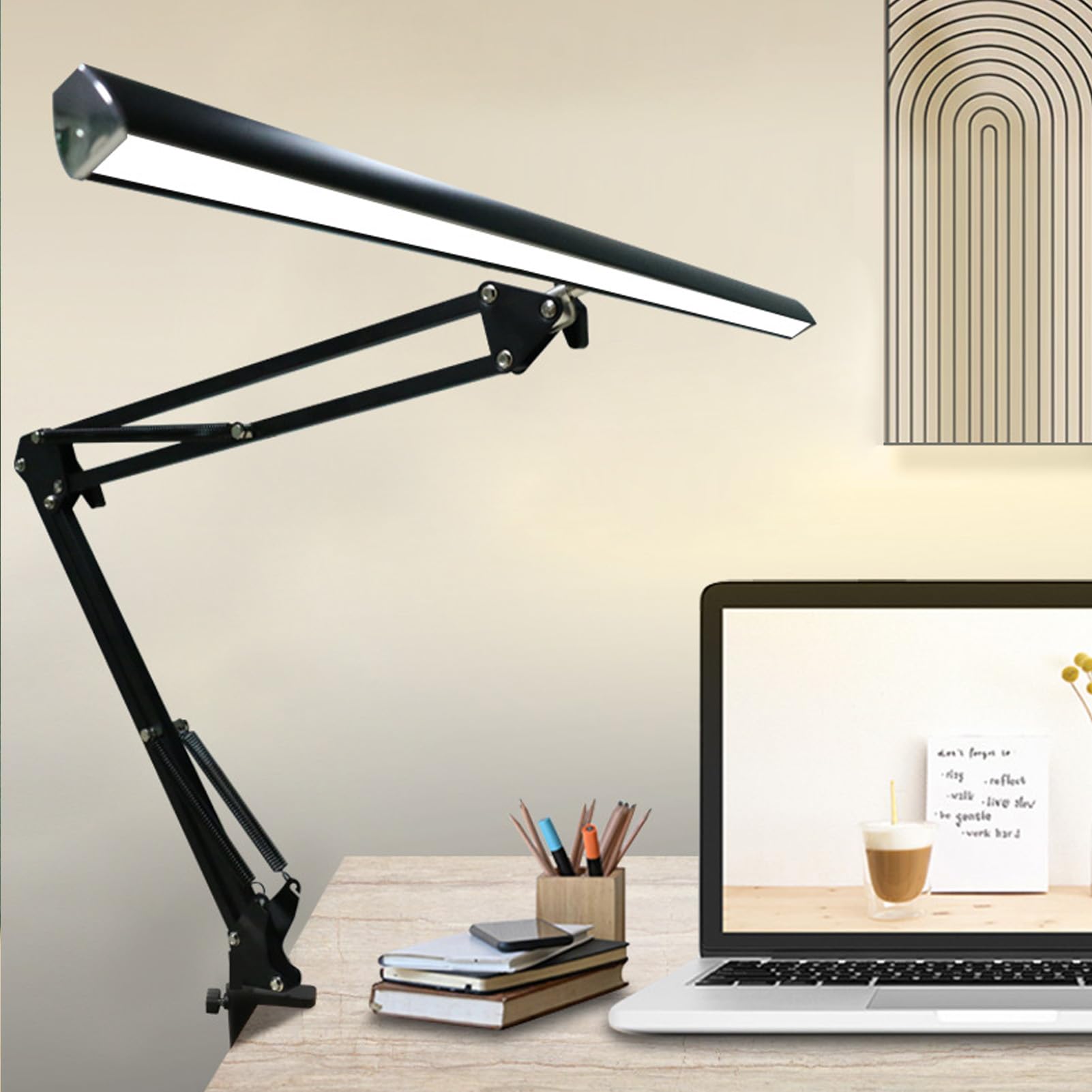 Lampa Biurkowa z Klipsem, ramię Wahadłowe Lampa Biurkowa LED Beauty Składane Ramiona 3 Kolory Regulowane za pomocą Zacisku do Salonu Piękności do Nauki (Czarny zacisk)