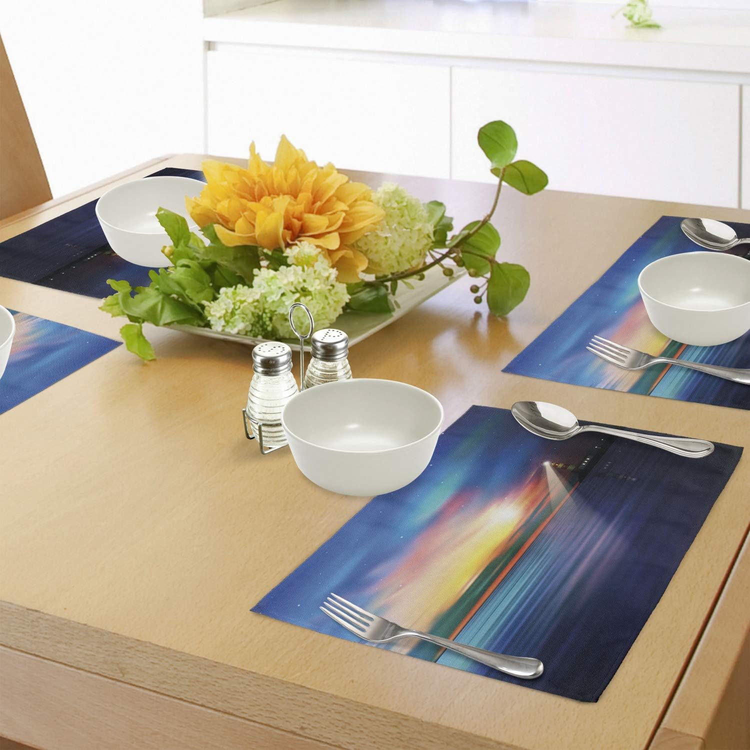 Ambesonne Lighthouse Place Mats Set of 4, Majestic Dreamy Sky and Ocean Stars Rising Sun Beacon Bay Beach, Washable Fabric Placemats for Dining Room Kitchen Table Decor, Dark Blue Pale Blue Coral