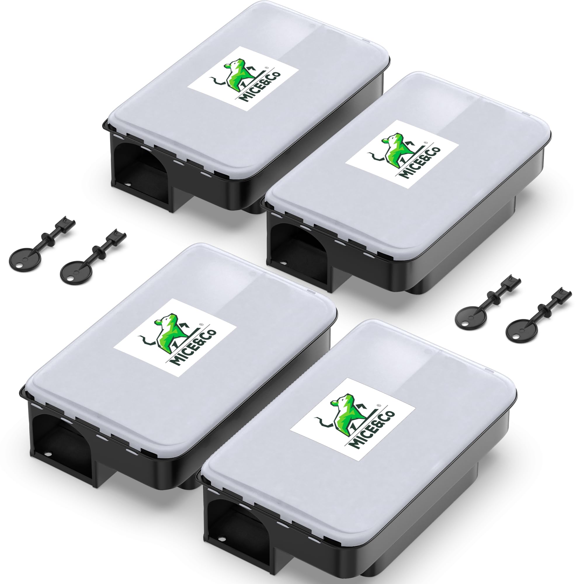 Mice&Co 4 x Bait Boxes for Rats and Mice - Professional Poison Bait Station | Effective Indoor & Outdoor Heavy Duty, Tamper Resistant & Lockable (Transparent)