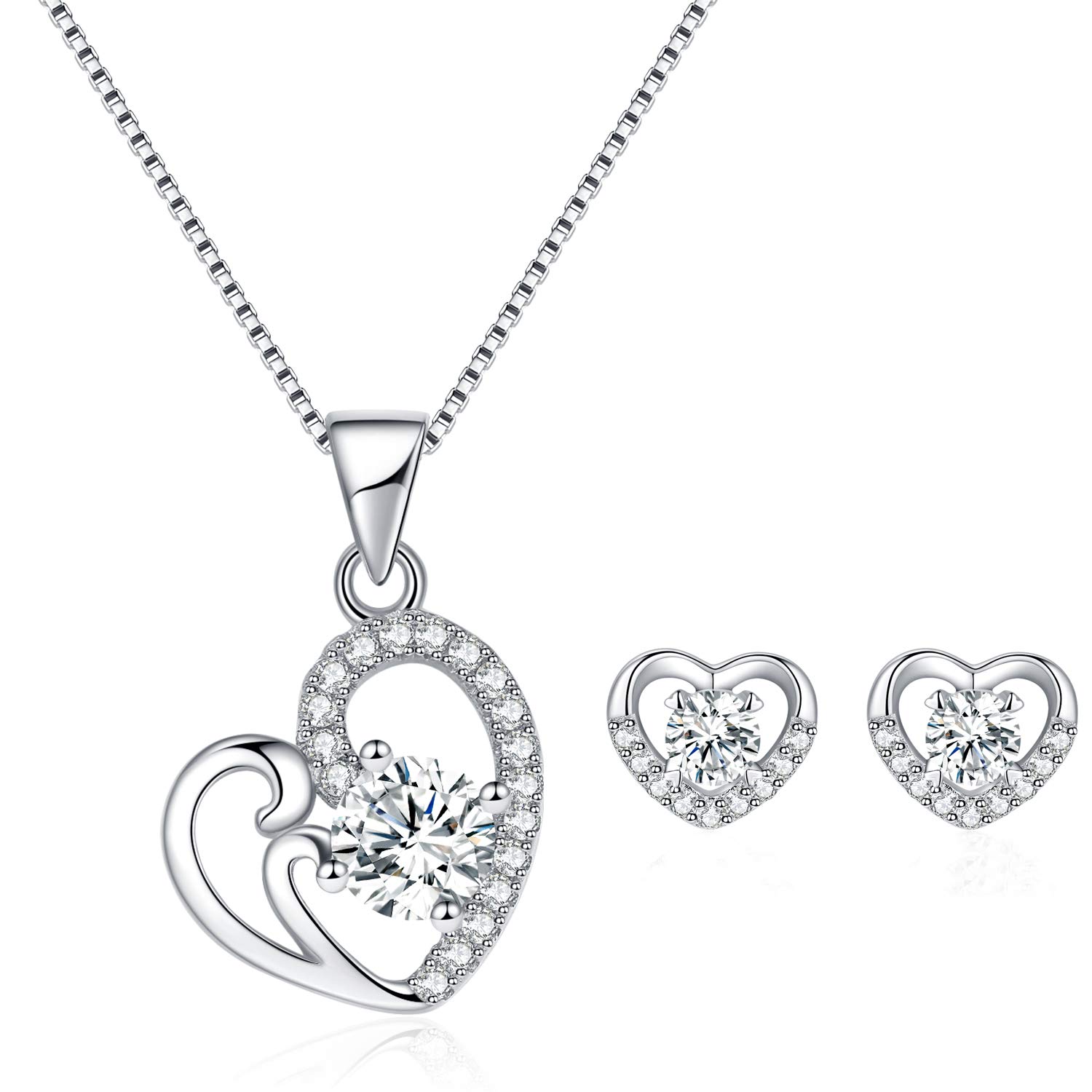 Silver Jewellery Sets for Women, 925 Sterling Silver Heart Stud Earrings & 45cm Pendant Necklace Set with 3A Cubic Zirconia, Allergy Free Birthday Wedding Party Jewellery Gift for Her Women