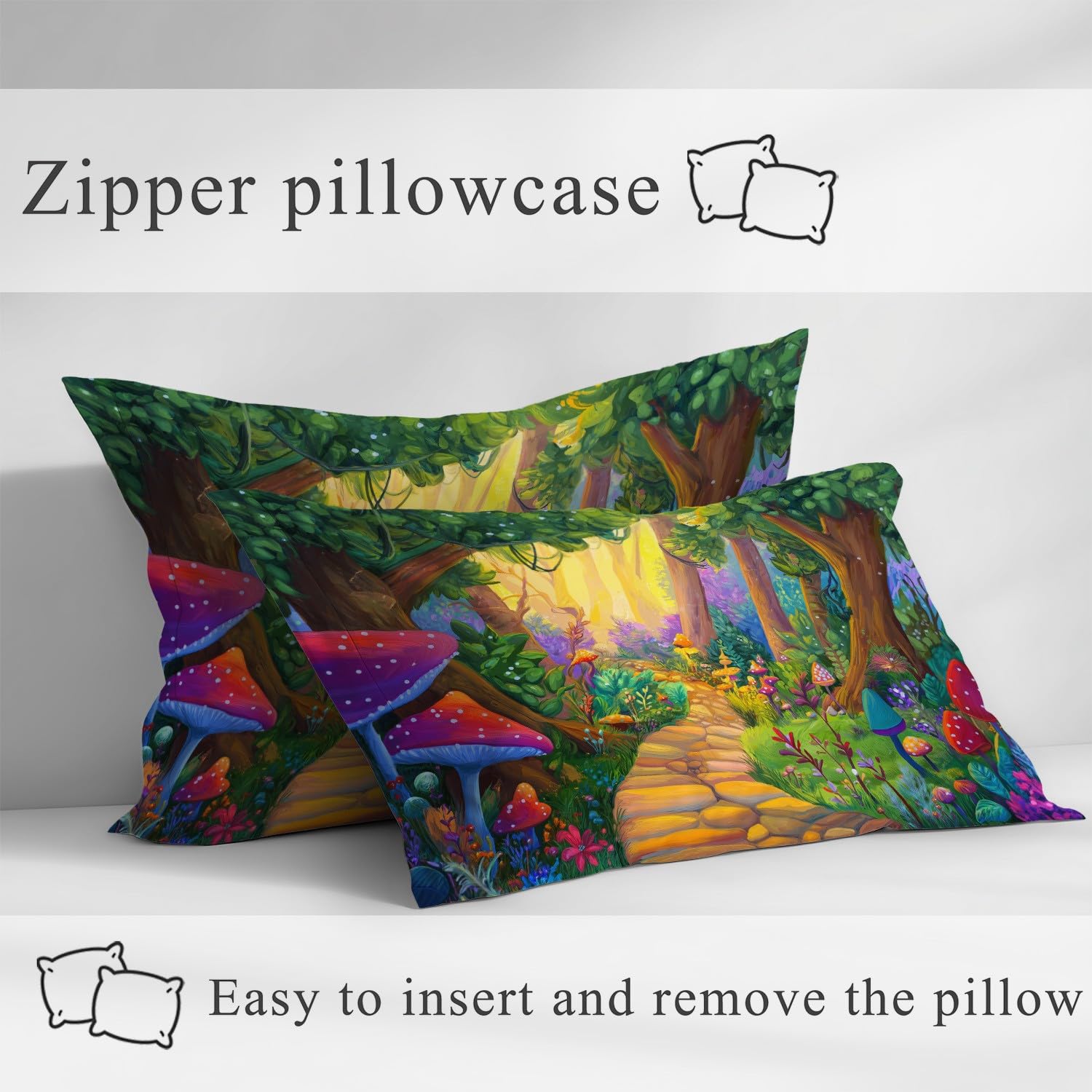 Cartoon Wald Spannbetttuch Märchenhaft Weg Pilz Bäume Spannbettlaken 200 x 200 x 30 cm 3teilig Mikrofaser Bettwäsche Set mit 2 Kissenbezüge 80 x 80 cm Kein Flachbettlaken