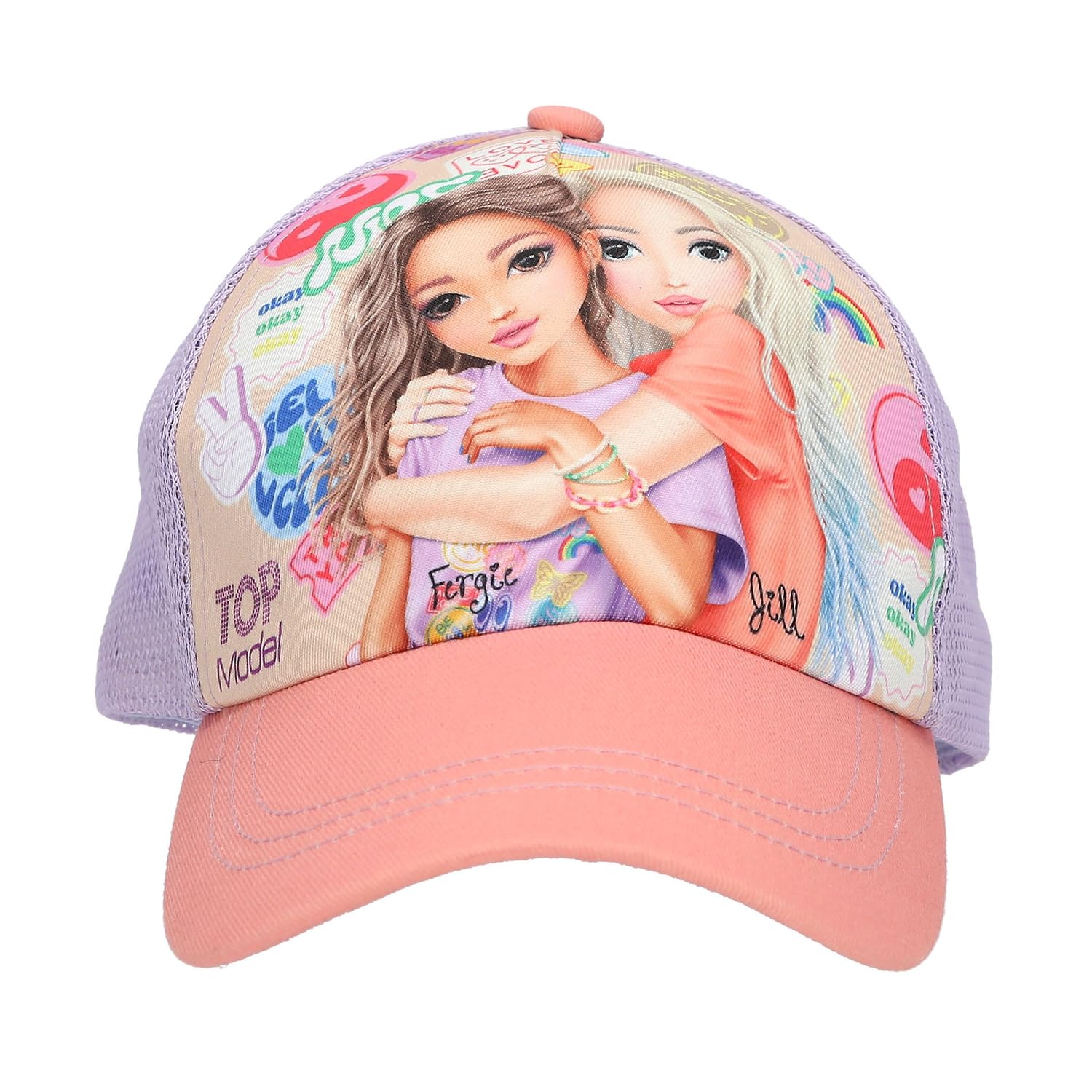 Depesche 13511 TOPModel Girl Power Printed Cap in Beige with Model Motif and Colourful Batches, Children's Hat with Net and Size Adjustment