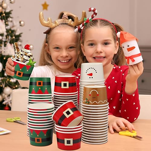 Miniatura 6 de Bokon 100 tazas de helado de Navidad de 9 onzas, cinturón de Papá Noel, decoraciones de Navidad, cuencos de helado desechables, suministros de