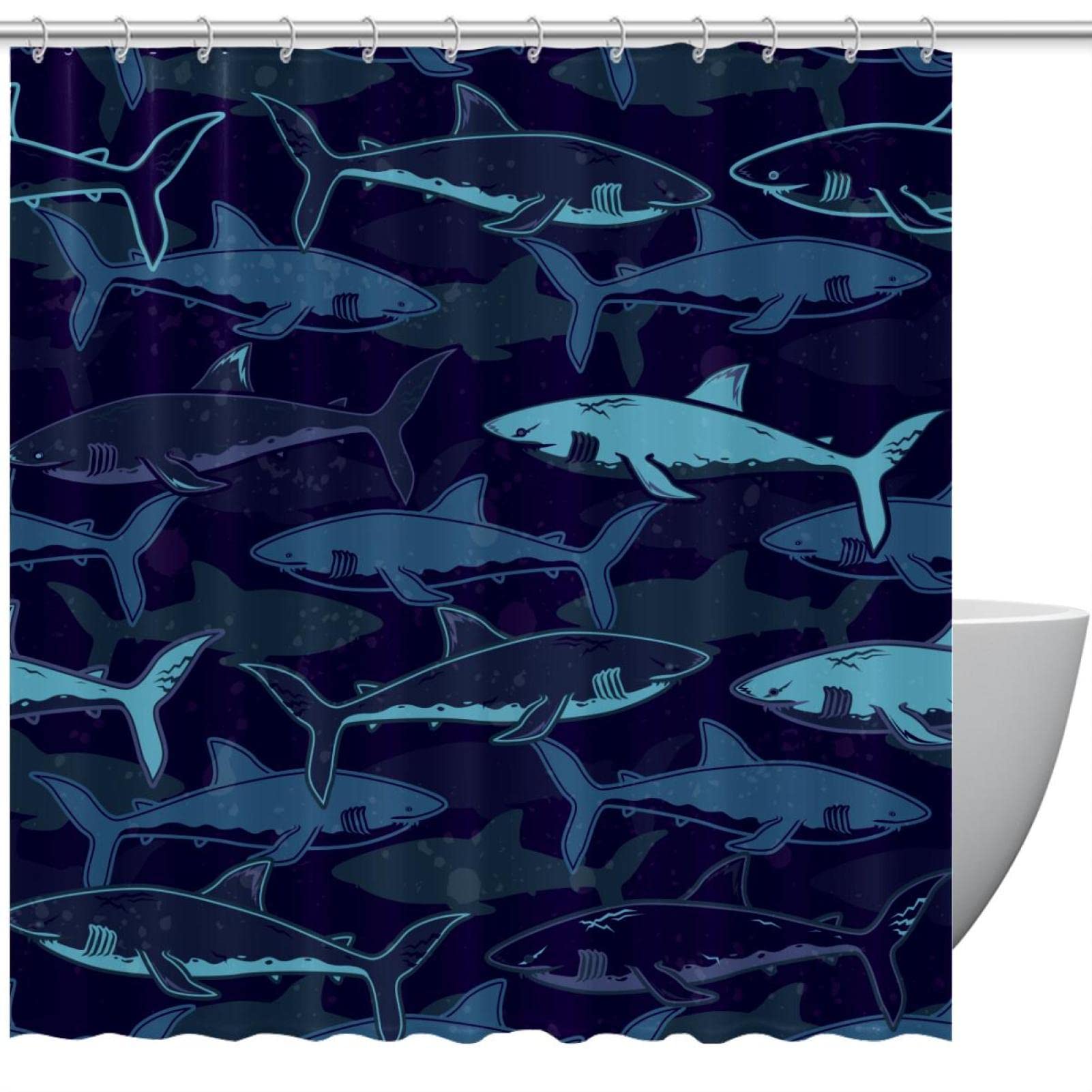 Rideau de douche motif requins avec crochets décoration salle de bain