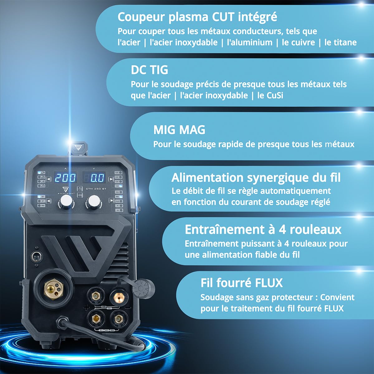 STAHLWERK Poste à souder combiné 4-en-1 CTM-250 ST – Kit complet – TIG, MIG/MAG, MMA (ARC), FLUX (fil fourré) jusqu'à 200 A, CUT (plasma) jusqu'à 45 A, capacité de coupe jusqu'à 14 mm