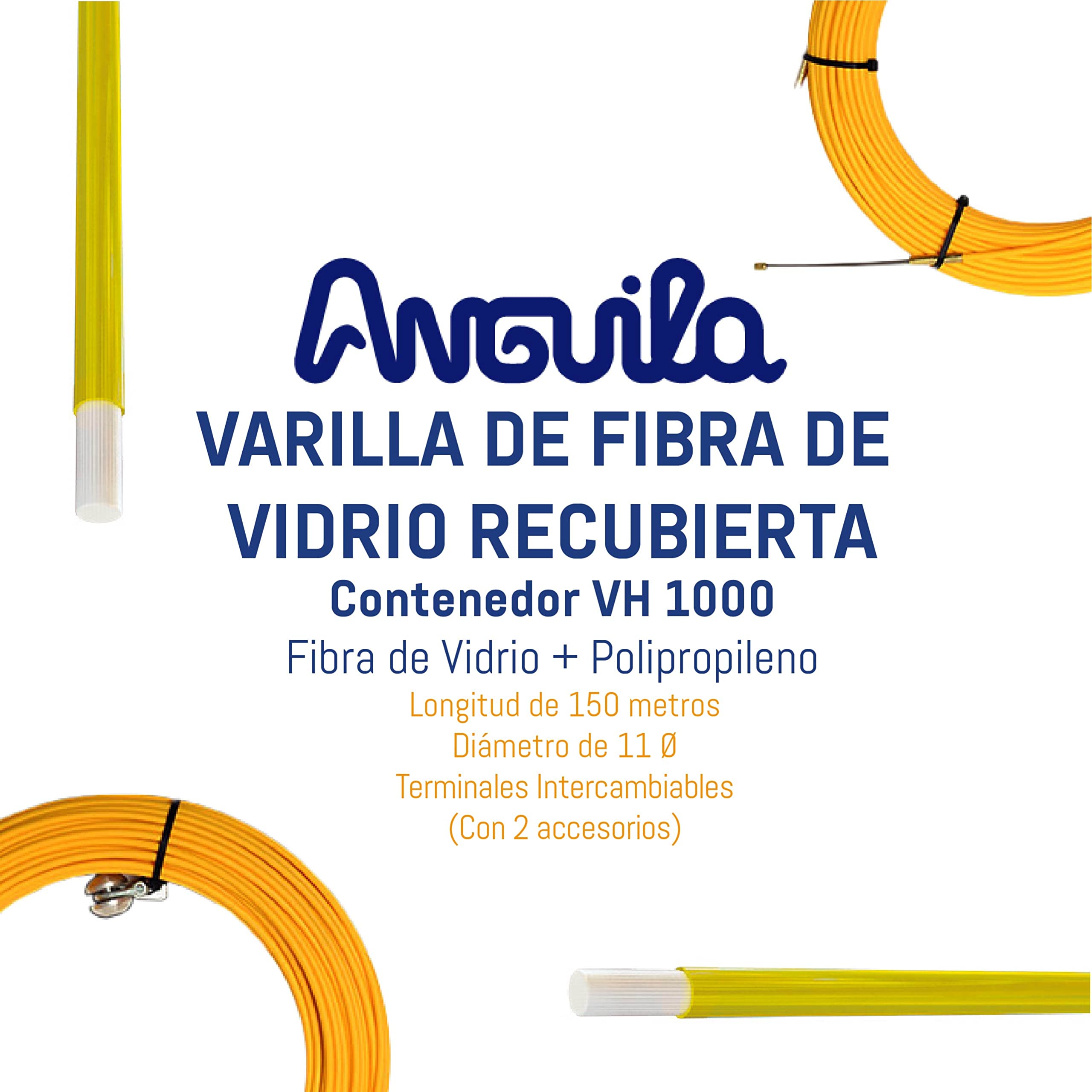 Anguila Pasacable Industrial Fibra Vidrio Amarillo ⌀11mm 150m VH800 | Rígida, sin efecto memoria y gran fuerza de empuje en recto; terminales intercambiables; incluye 2 accesorios