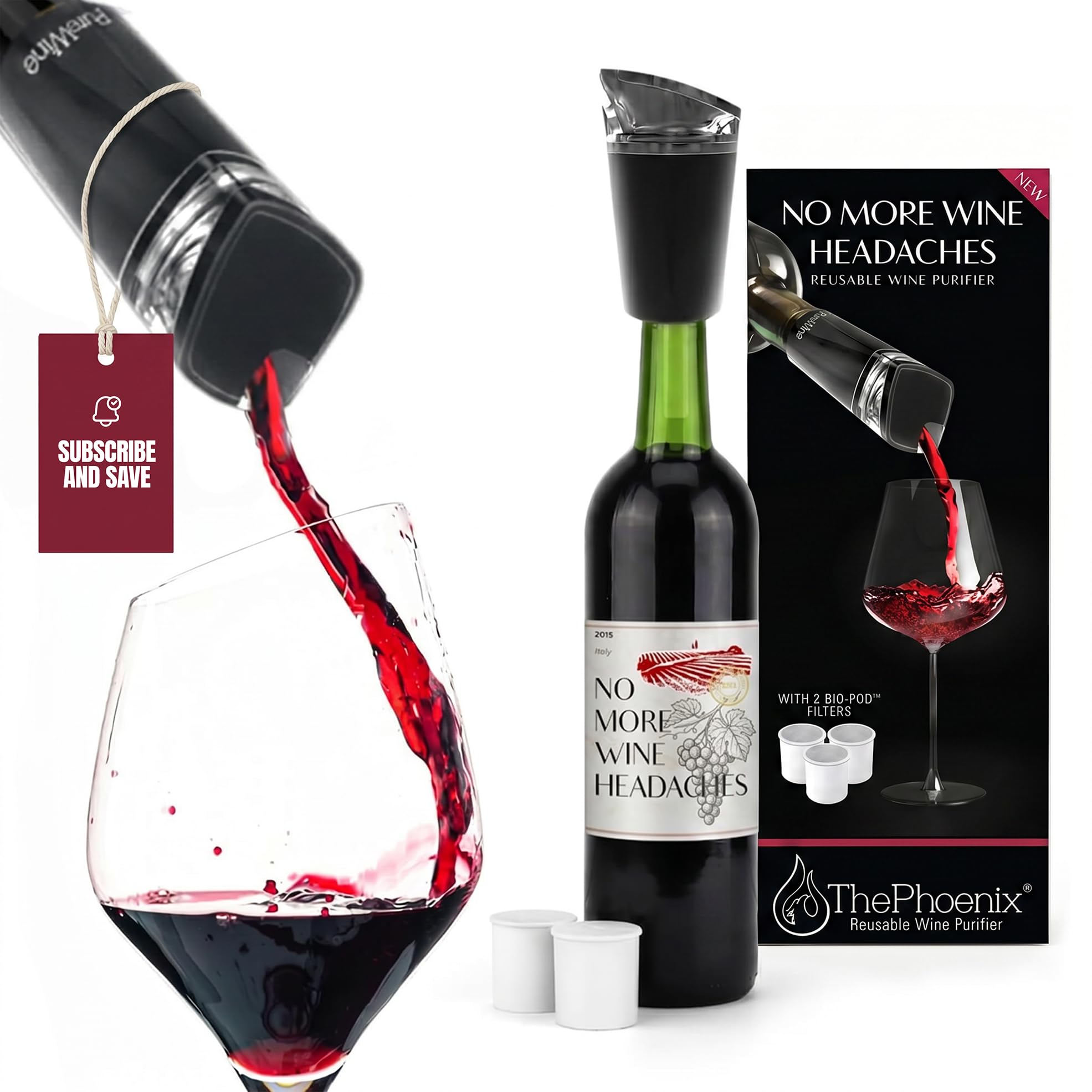 PureWine Phoenix Filtre et aérateur de bouteille de vin réutilisable pour verser le filtre histamine et sulfites, aère et restaure le goût – Noir