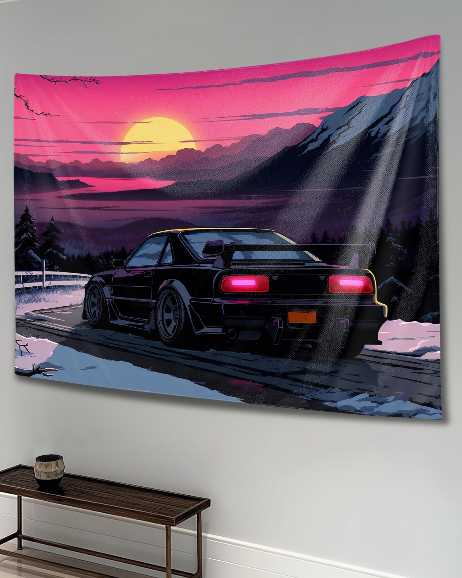 Qeopgne Men's Style Car Wall Tapestry Car Flag Wall Art Anime Sunset Japanese S13 Jdm Tapestry Wall Hanging Decor For Bedroom Living Room Wall Decor For And Wo 40"X60"