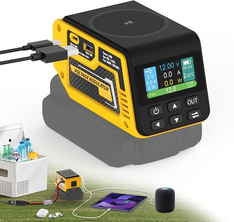 300W Power Voltage Regulator Compatible with Dewalt 20V Battery | 2V-30V Voltage Regulator with 1 DC Voltage Regulating Socket, 1 USB Ports & 140W Type-C Fast Charging, 15W Wireless Charging