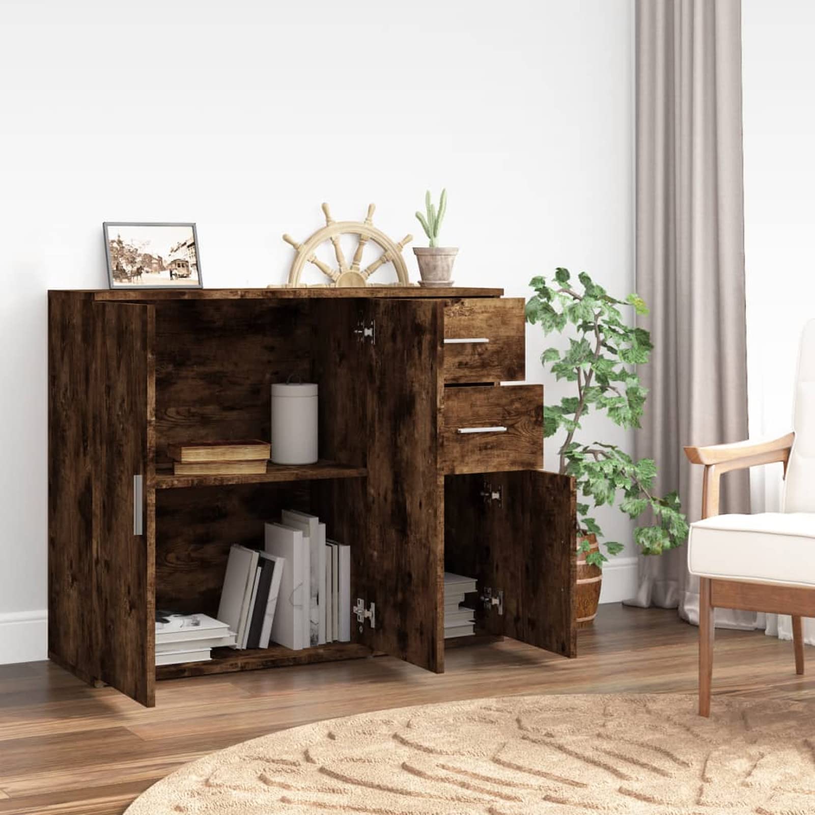 Homgoday Credenza Rovere Fumo 91x29,5x75 cm in Legno Multistrato, Armadio di Stoccaggio, Credenza Armadio da Cucina, Salvaspazio Mobiletto, per Soggiorno, Camera, Ufficio,Mobili Interni/Esterni