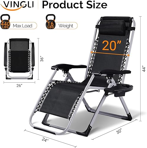 Miniatura 6 de VINGLI Silla acolchada de gravedad cero, silla de descanso con cojín y bandeja extraíbles, sillas reclinables plegables para patio, silla reclinable