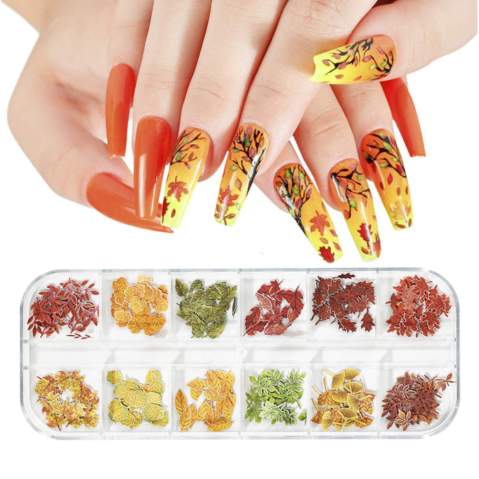 MiaoWu Leaf Nail Sequins Fall Maple Leaves Nail Glitter(not self-adhesive not stickers) DIY Holographic 3D Nail Art Sticker Wood Pulp Flakes for Nail Art Decoration Colorful 12 Styles Decor for Autumn Nail Art DIY Decoration