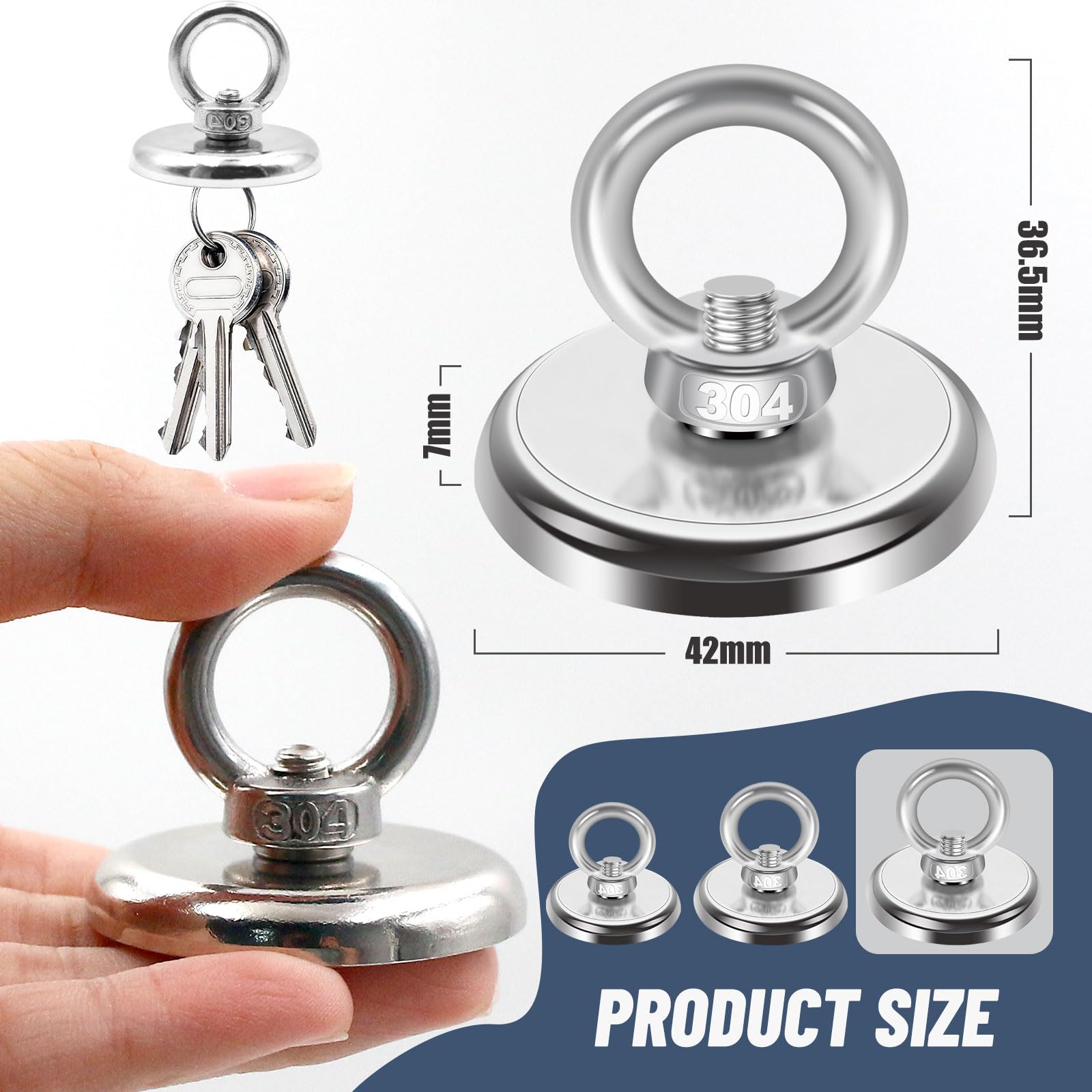 Imanes Neodimio Potentes Redondo 42mm 65Kg Fuerza Tracción Perno Ojo Elevación 2 Piezas