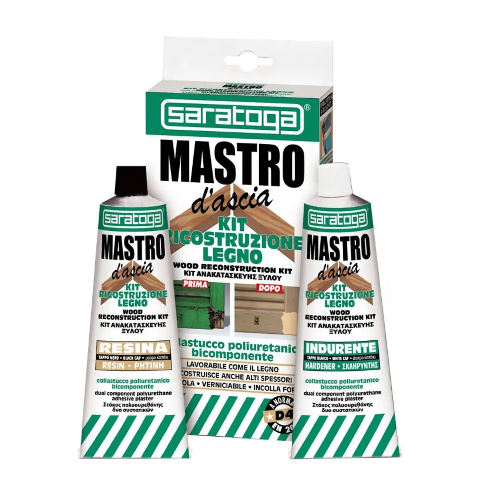 SARATOGA Mastro D'Ascia, Kit Ricostruzione Legno, Adesivo Poliuretanico Bicomponente Extra Forte, Non Cola, Verniciabile e Carteggiabile, Ripara, Ricostruisce e Incolla Come il Legno Originale