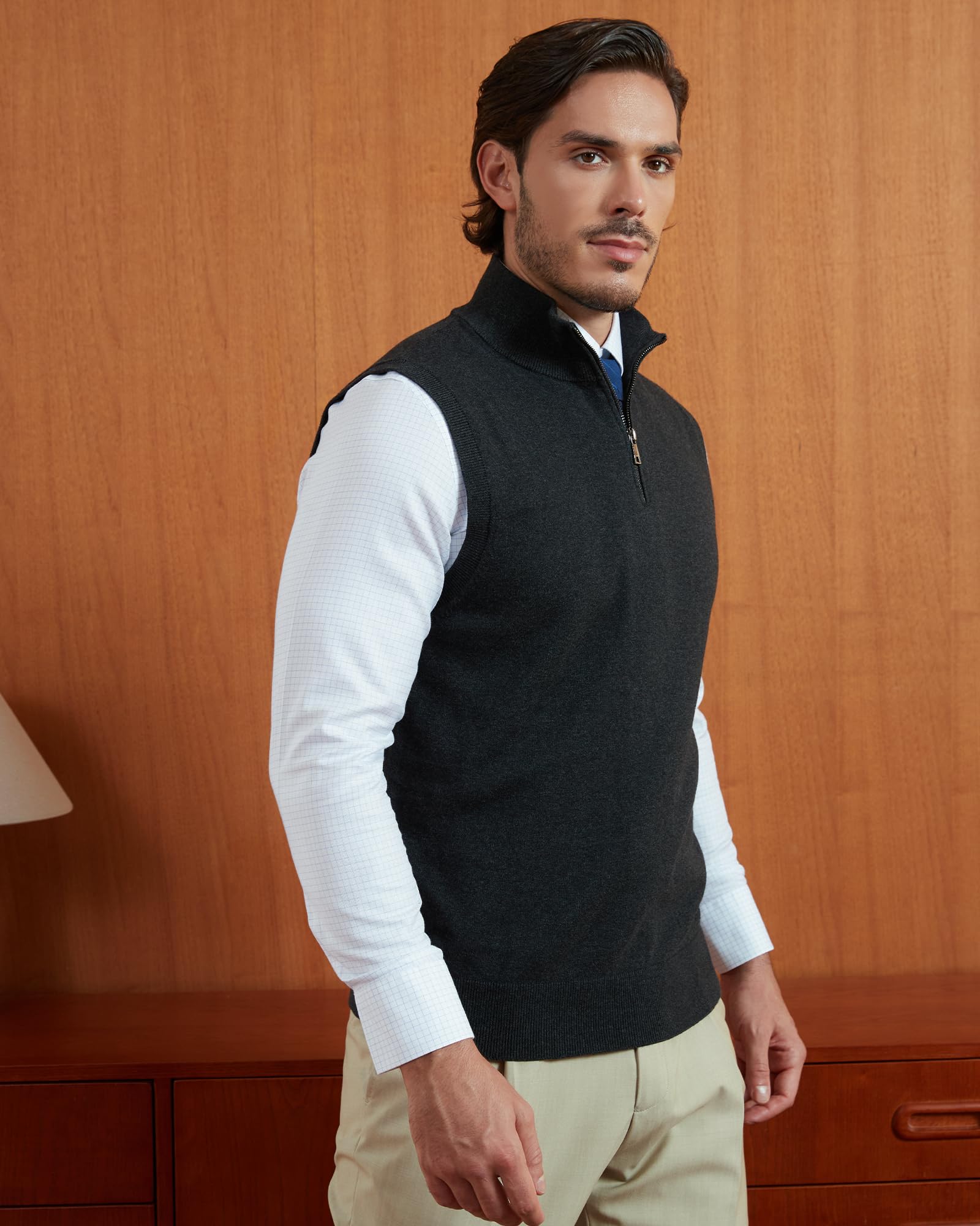Kallspin Pullover para Hombres de Puro algodón Temporada con Cremallera Cuello Alto Tejido sólido Business sin Mangas Chaleco