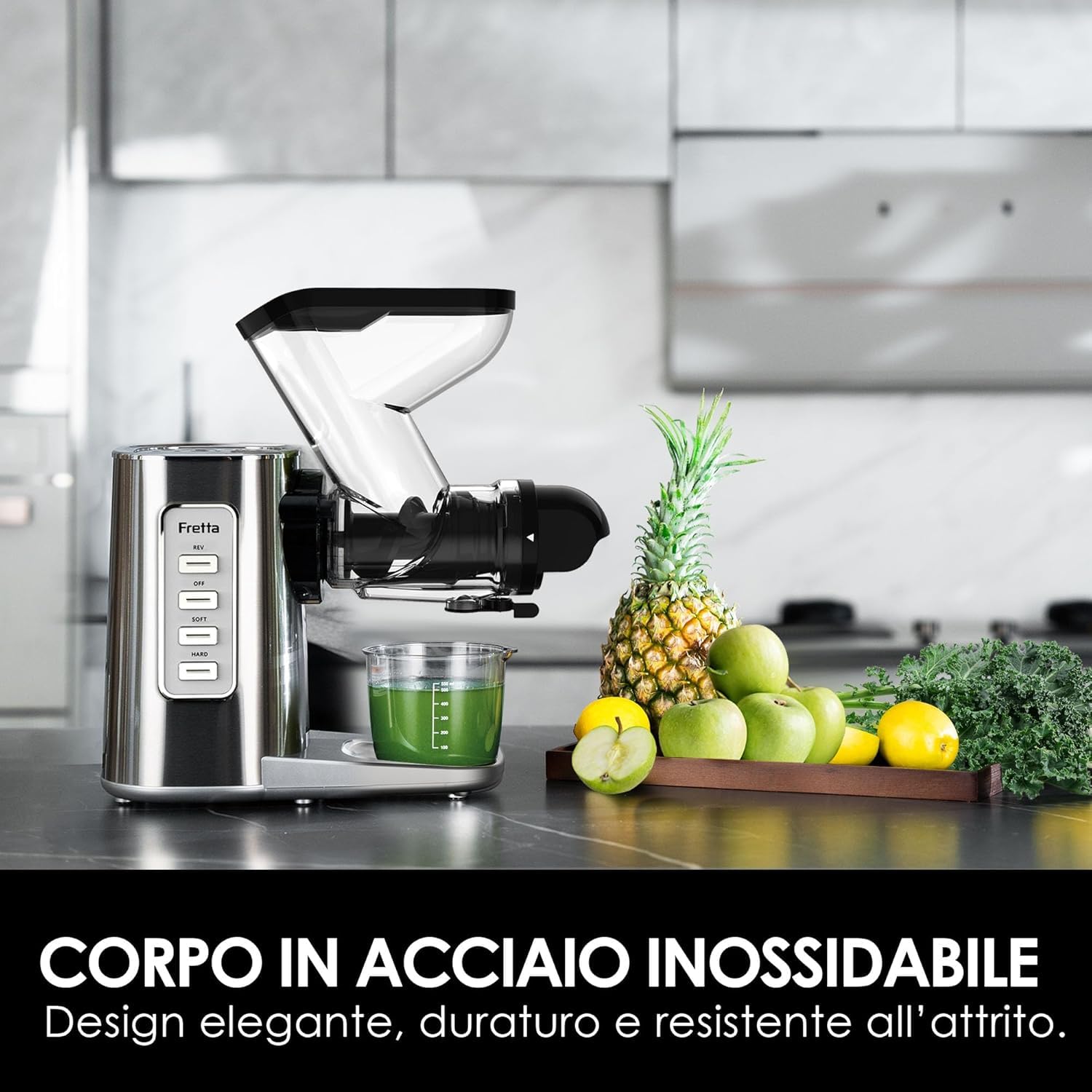 Fretta Professionale Estrattore di Succo a Freddo Lento, Acciaio Inossidabile per Frutta e Verdura, Motore DC Silenzioso, Alta Resa di Succo, Senza BPA, Facile da Pulire (sliver)