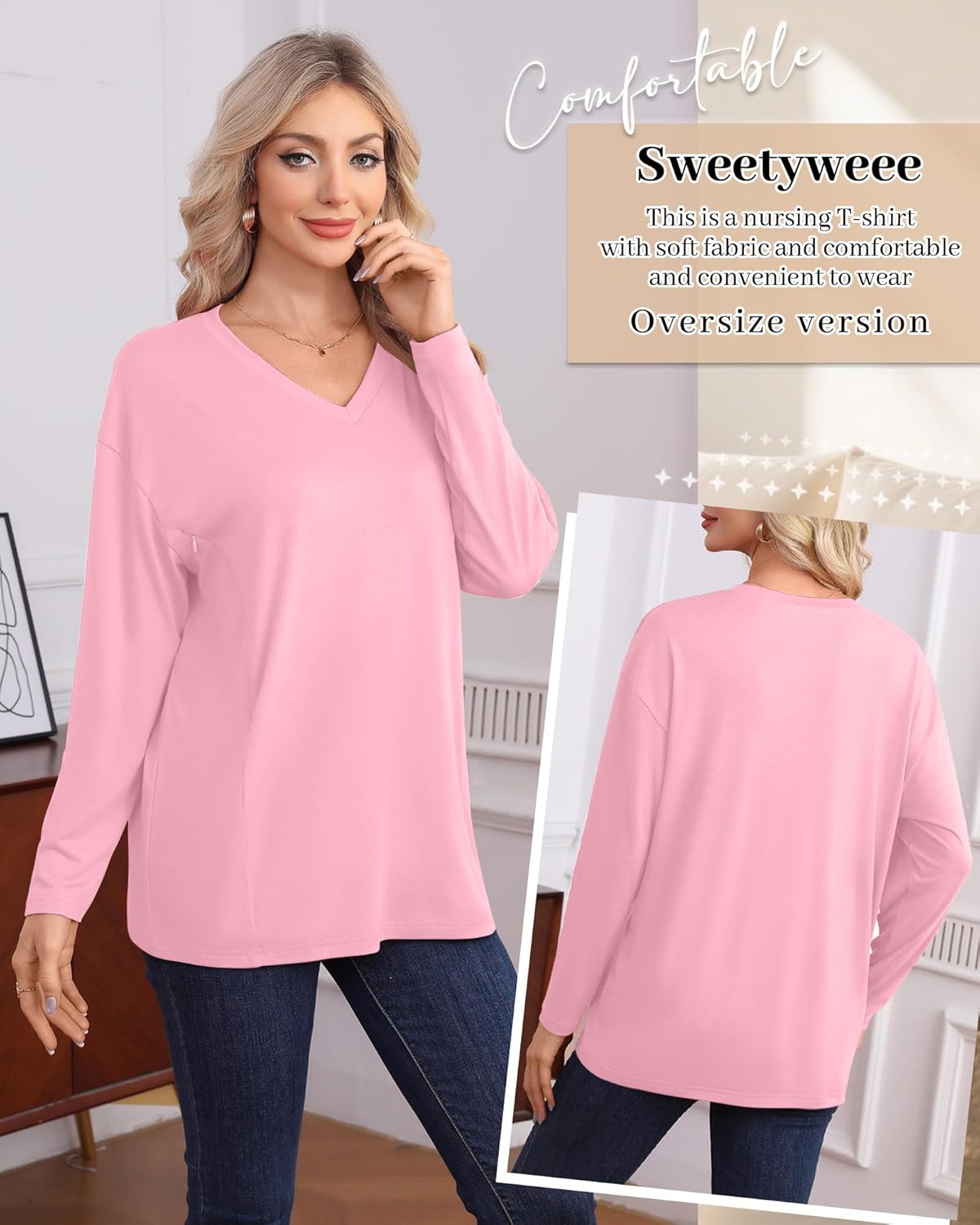 3 Pack Women's Oversize Nursing Shirts for Breastfeeding with Hidden Zippers Loose Fit Long Sleeve Maternity Tops(Pink, Apricot, Light Brown,Medium) - Image 6