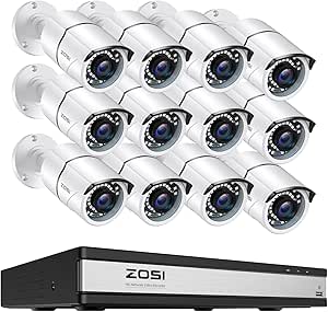 ZOSI H.265+ 1080p 16 Channel Home Security Camera System with AI Human Vehicle Detect,16CH DVR Recorder and 12 x 1080p CCTV Bullet Camera Outdoor Indoor, 120ft Night Vision, 105°Wide Angle (No HDD) asin的图片