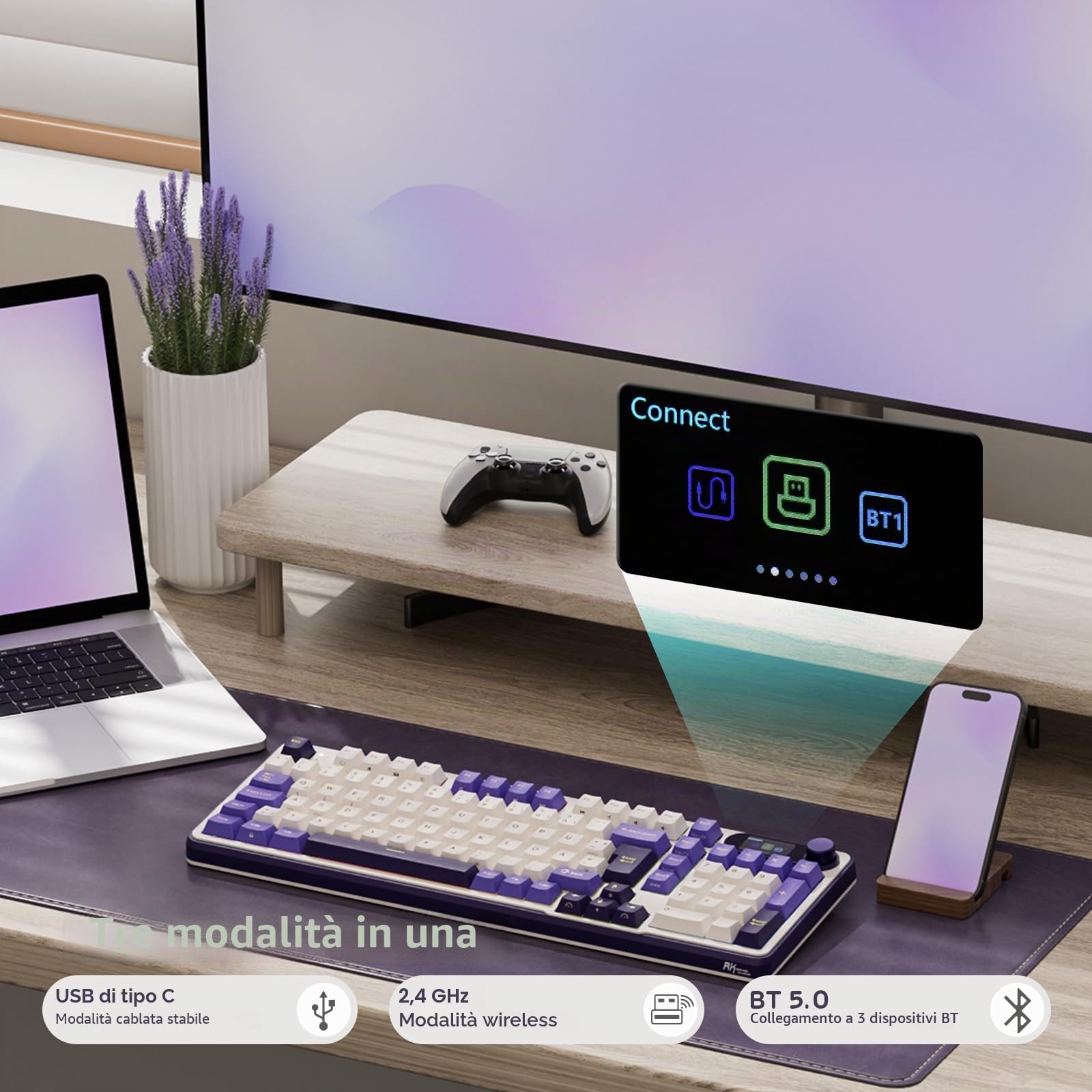RK ROYAL KLUDGE Tastiera meccanica S98 DE con Smart Display e pulsante, Top Mount 96% Tastiera meccanica senza fili BT/2.4G/USB-C, hot-swap, supporto software, 98 tasti, QWERTZ