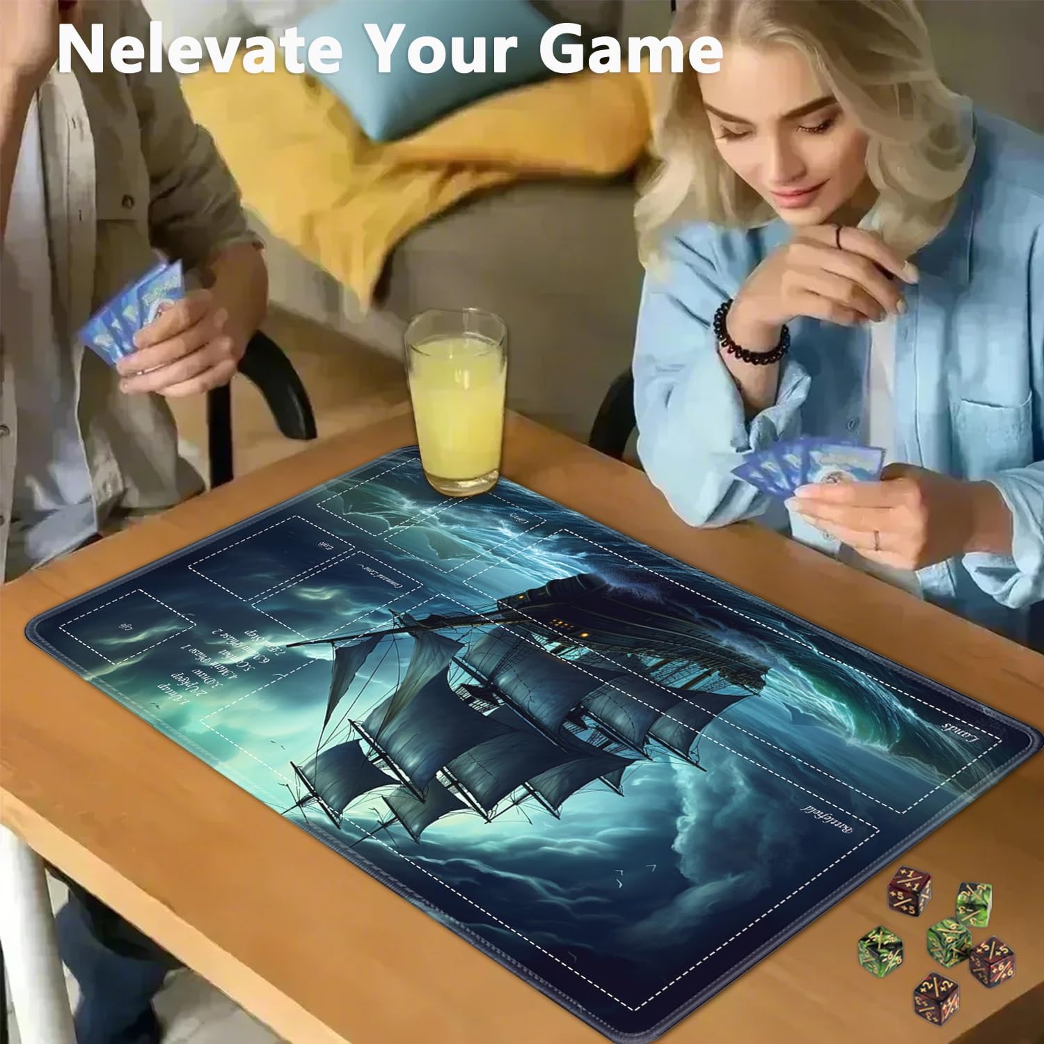 JVGFYNKL for TCG Playmat, Playmat with Zones, 24x14 in Non-Slip Rubber for MTG Playmat with Drawstring Travel Pouch and 6 Dice, Pirate Ship for MTG Mat, Card Game Playmats