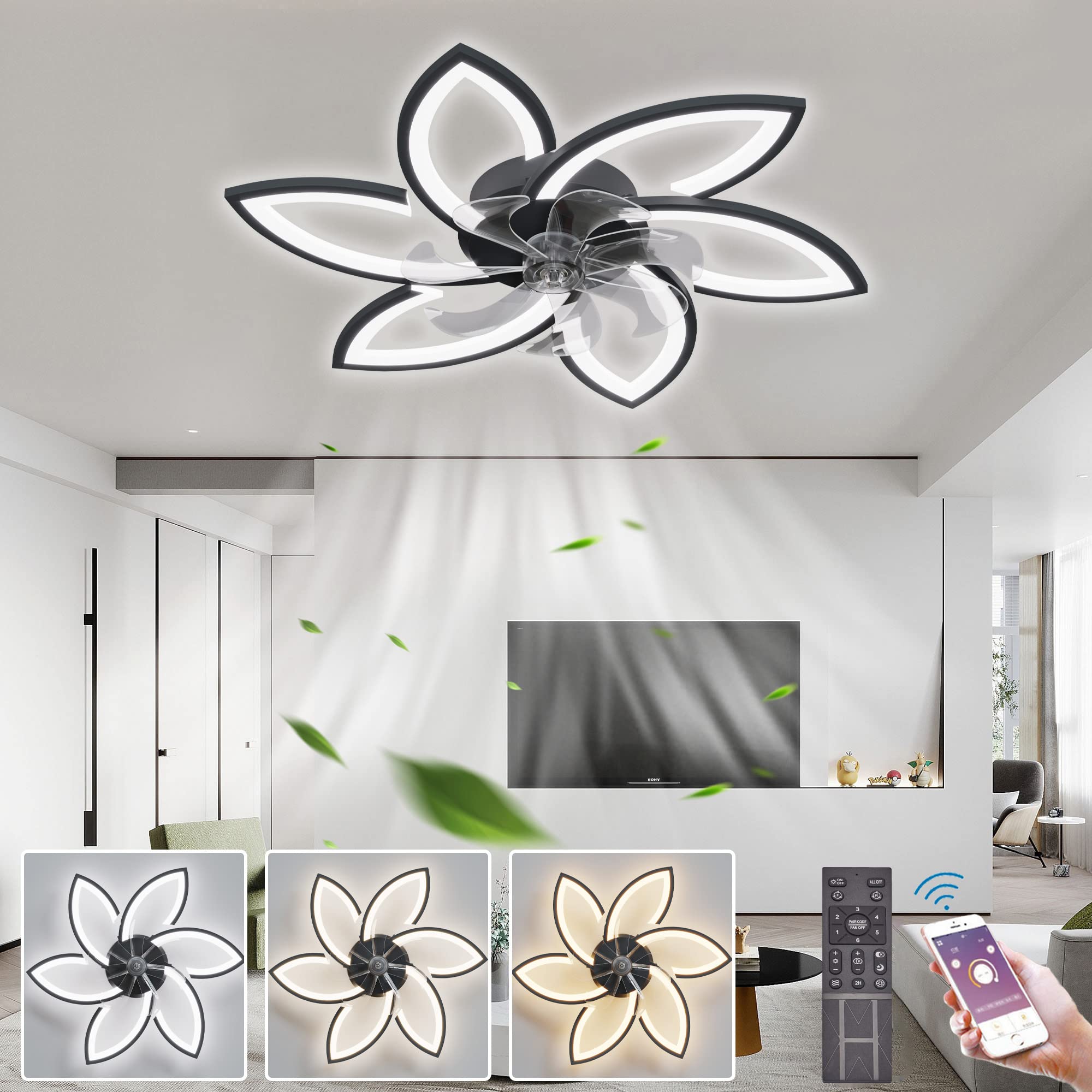 ycwdcz 78CM Ceiling Fan with Light and Timer Bedroom LED Dimmable Flower Ceiling Light with Remote Control 6 Speed DC Motor Winter and Summer Reversible Silent Ceiling Fans with Lamps-Black||78CM