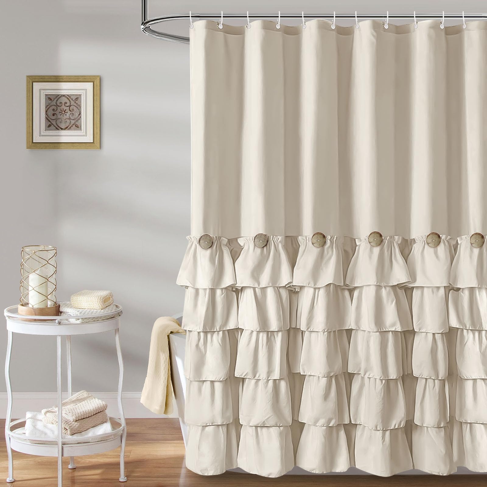 Seasonwood Beige Ruffle Shower Curtain 72x78 Inch Neutral Shower Curtain Button Design Farmhouse Country Style Rustic Decorative Fabric Shower Curtains