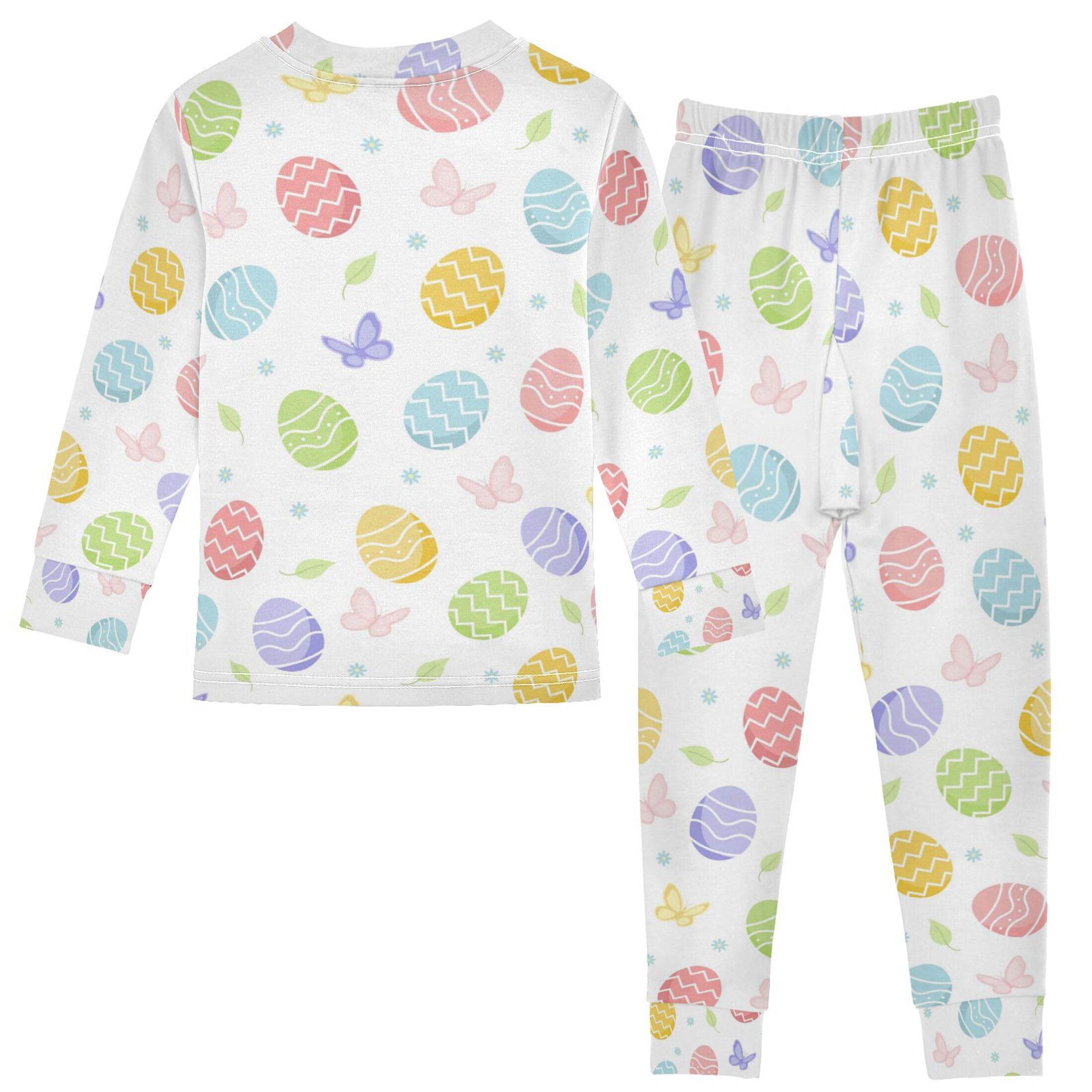 Vozoza Easter Eggs Butterfly White Pajama Sets Long Sleeve Top with Pants Cotton Soft Sleepwear 2 Piece Pjs Set Size 3T