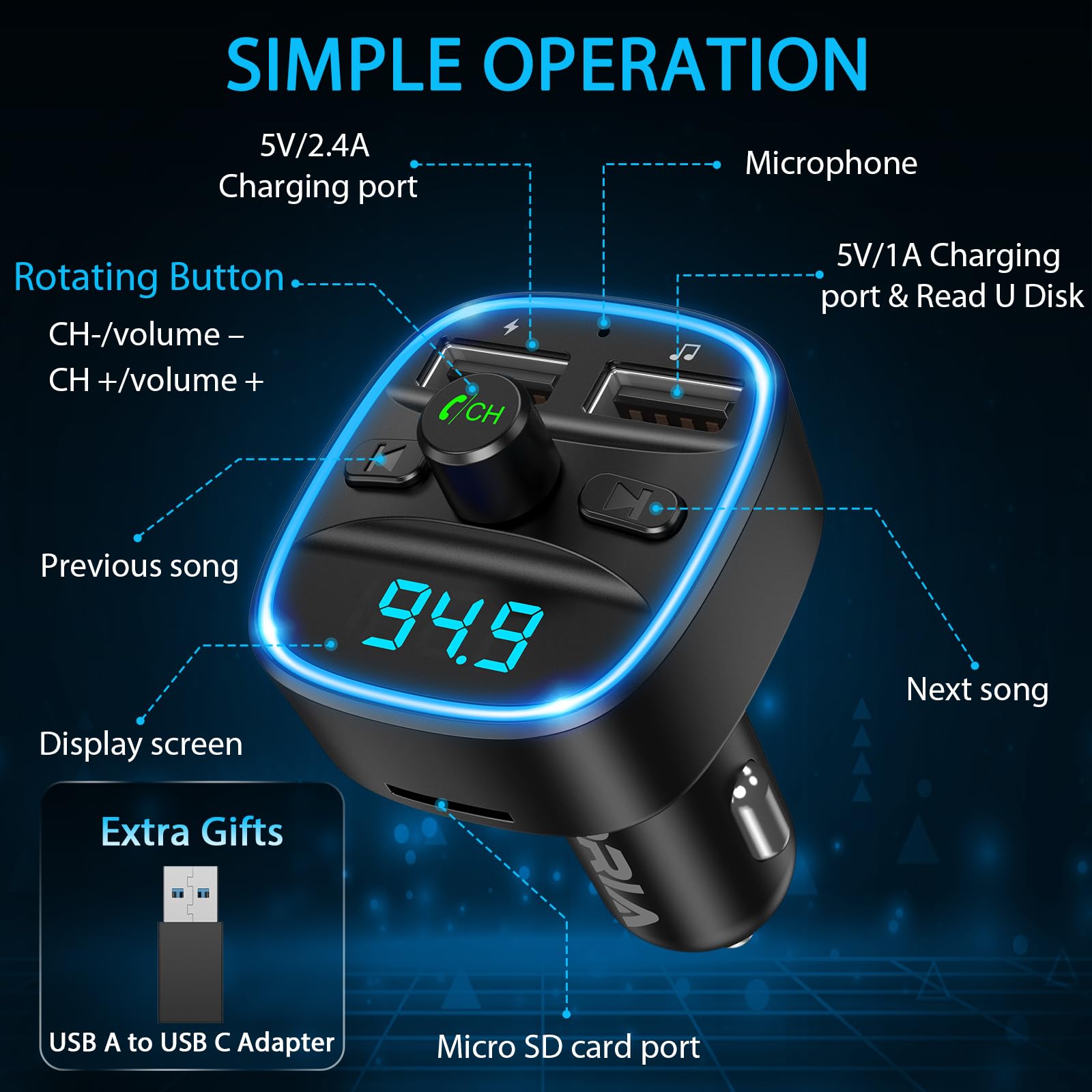 ORIA Samochodowy adapter Bluetooth, nadajnik FM Bluetooth 5.3 do radia samochodowego z podwójną ładowarką USB, połączenia bez użycia rąk, obsługa odtwarzacza muzycznego karty TF i dysku USB (w