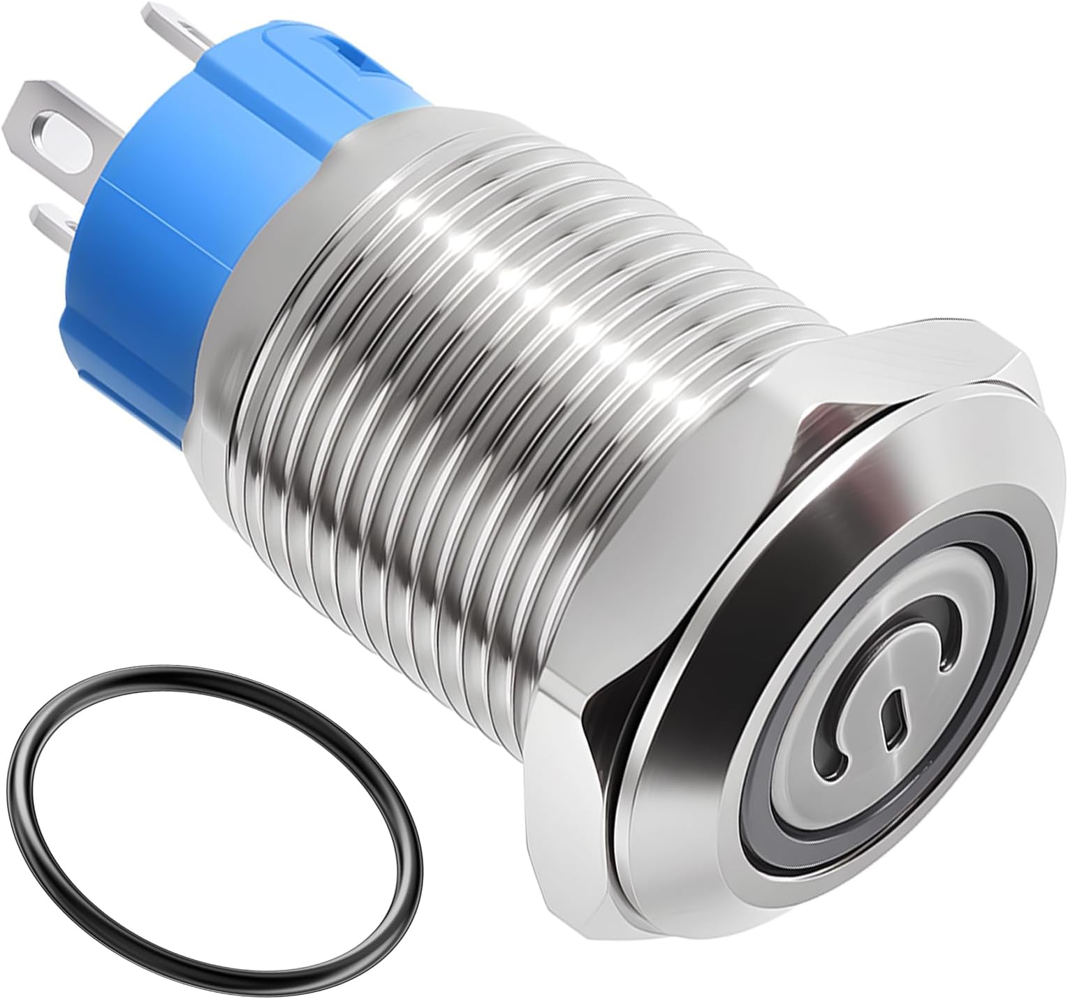 12mm Latching Push Button Switch 3-6V DC 304 Stainless Steel Angel Eye LED Light Momentary Push Button Switch Self-Locking Waterproof On Off Switches (Power Symbol + Blue LED)