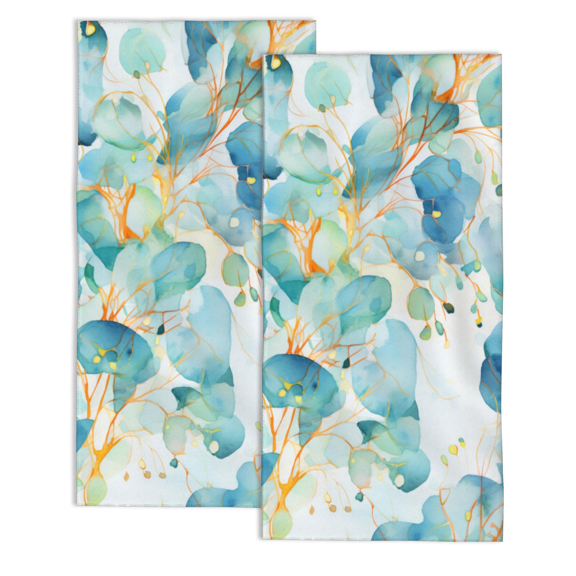 Snowmolle 2 Pack Hand Bath Towel,Teal Eucalyptus Leaves Decorative Bath Towel Set,Fingertip Towel Bathroom Kitchen Highly Absorbent SPA Gym Towels