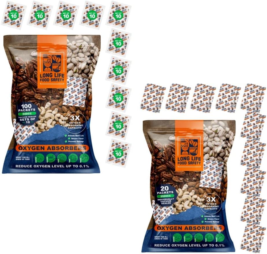 Absorbentes de oxígeno de 500 cc y 2500 cc para almacenamiento de alimentos  3 veces la capacidad de absorción de oxígeno  Extiende la vida útil y