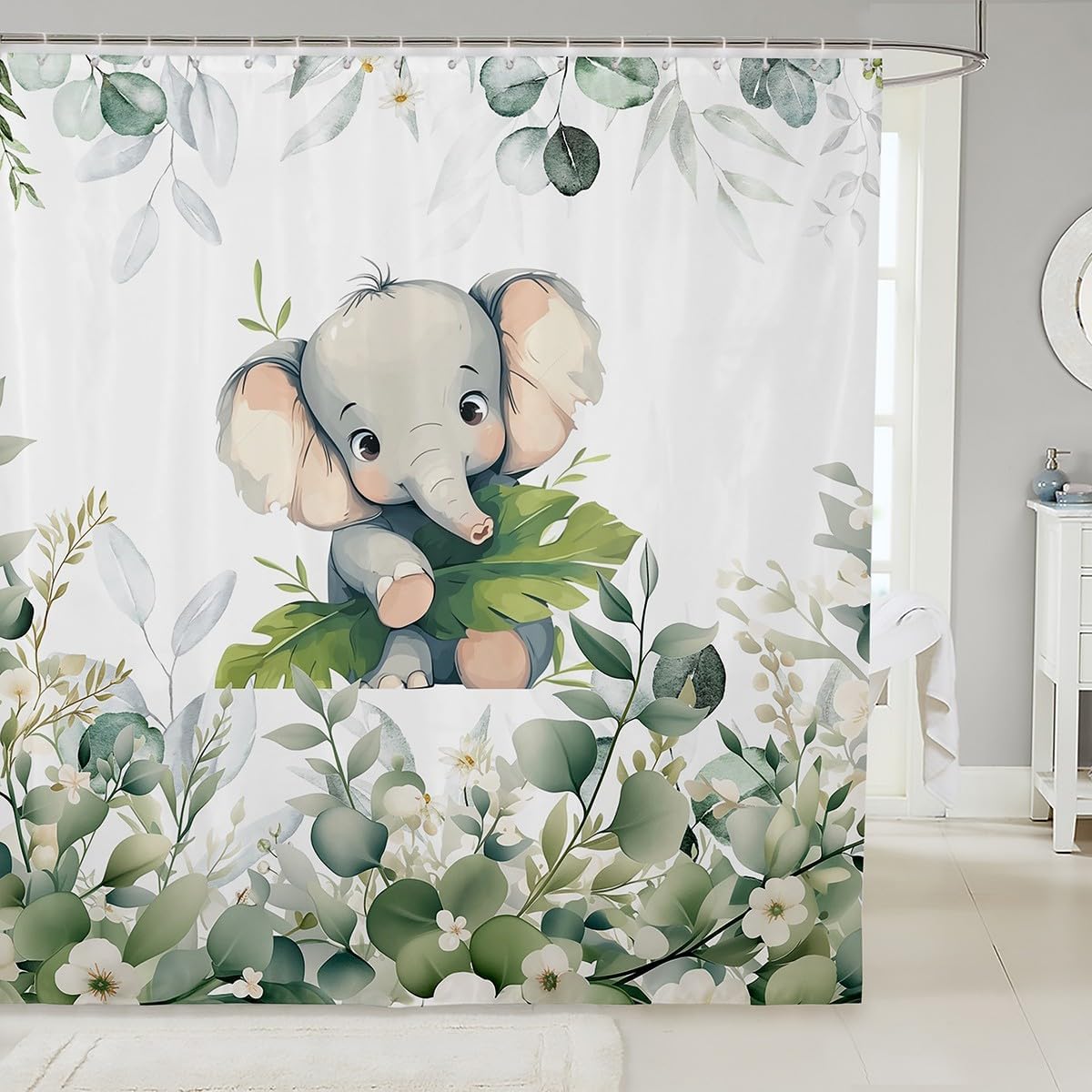 Erosebridal Cute Hippo Waterproof Bathroom Curtain for Kids Child Green Eucalyptus Bath Curtain, Woodland Animal Shower Curtain Botanical Plant Leaves Bathroom Curtains, Cartoon Wildlife Shower Set