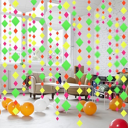 Miniatura 6 de Guirnalda de papel de neón de 110 pies, serpentinas de neón, estrella hueca, luz negra, decoraciones de neón brillantes para fiesta, reactivo, rayos