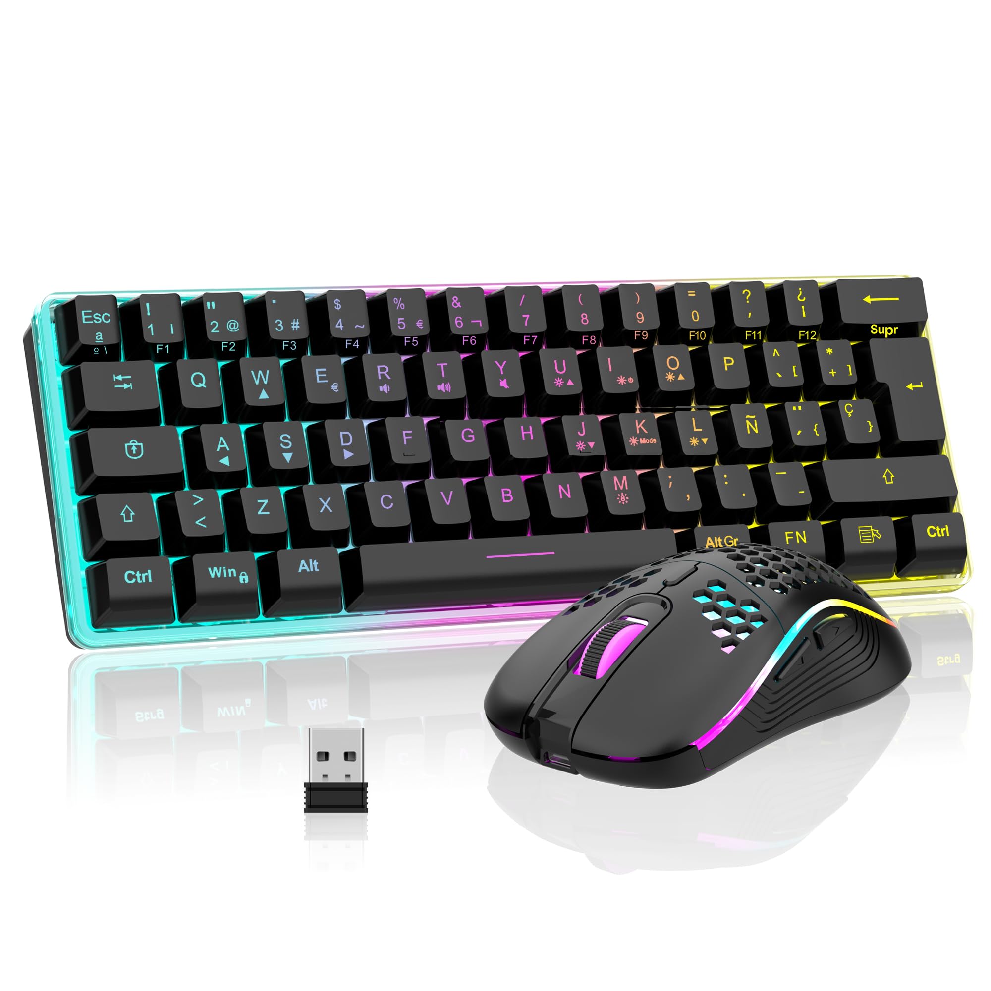 RedThunder 60% Wireless Mechanical Gaming Keyboard,Dynamic RGB Backlight,3200 dpi Lightweight Cellular Mouse,Ultra-Compact 62 Keys Anti-ghosting Keyboard,QWERTY ES Layout,for PC/PS5/Xbox