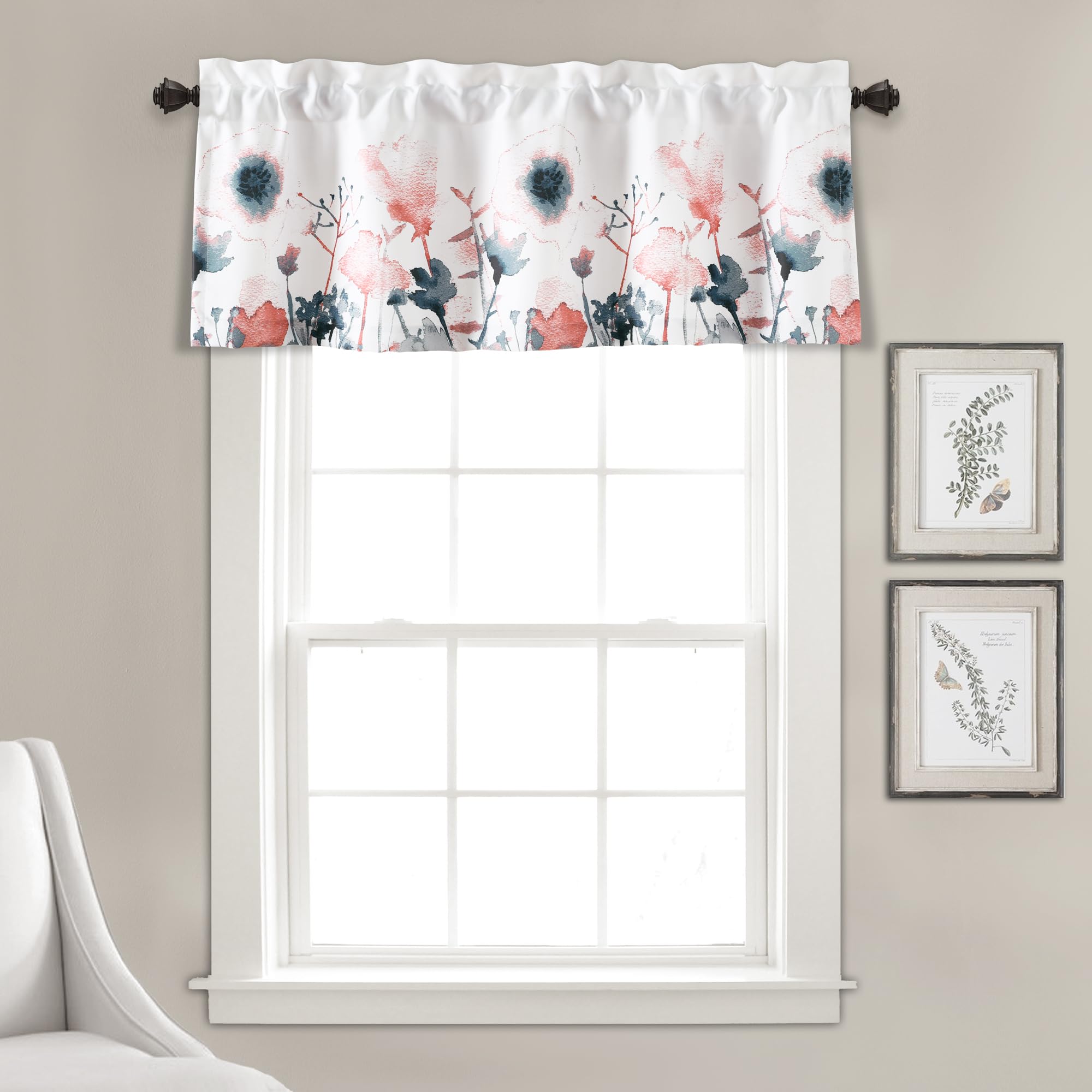 Lush Decor Zuri Flora Light Filtering Window Curtain Valance, 18" L x 52" W, Blue & Coral