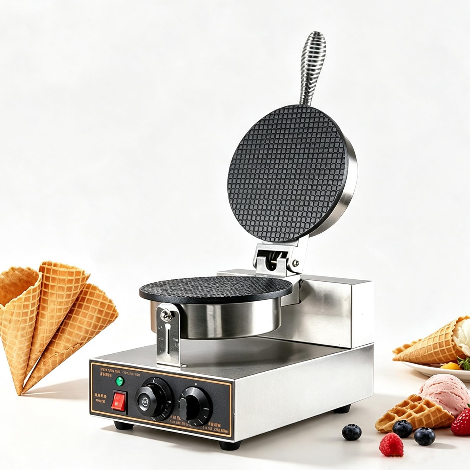 Máquina para Conos de Waffle y Rollos de Huevo de 1200W con Temporizador | Calentamiento de doble cara, placa antiadherente, apagado automático, acero inoxidable para uso en el hogar y en cafeterías