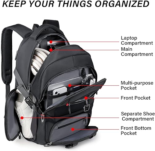 Miniatura 2 de Mochila de viaje para laptop, aprobada para el vuelo, mochila expandible de 45 L, compatible con computadora de 17 pulgadas con compartimento para