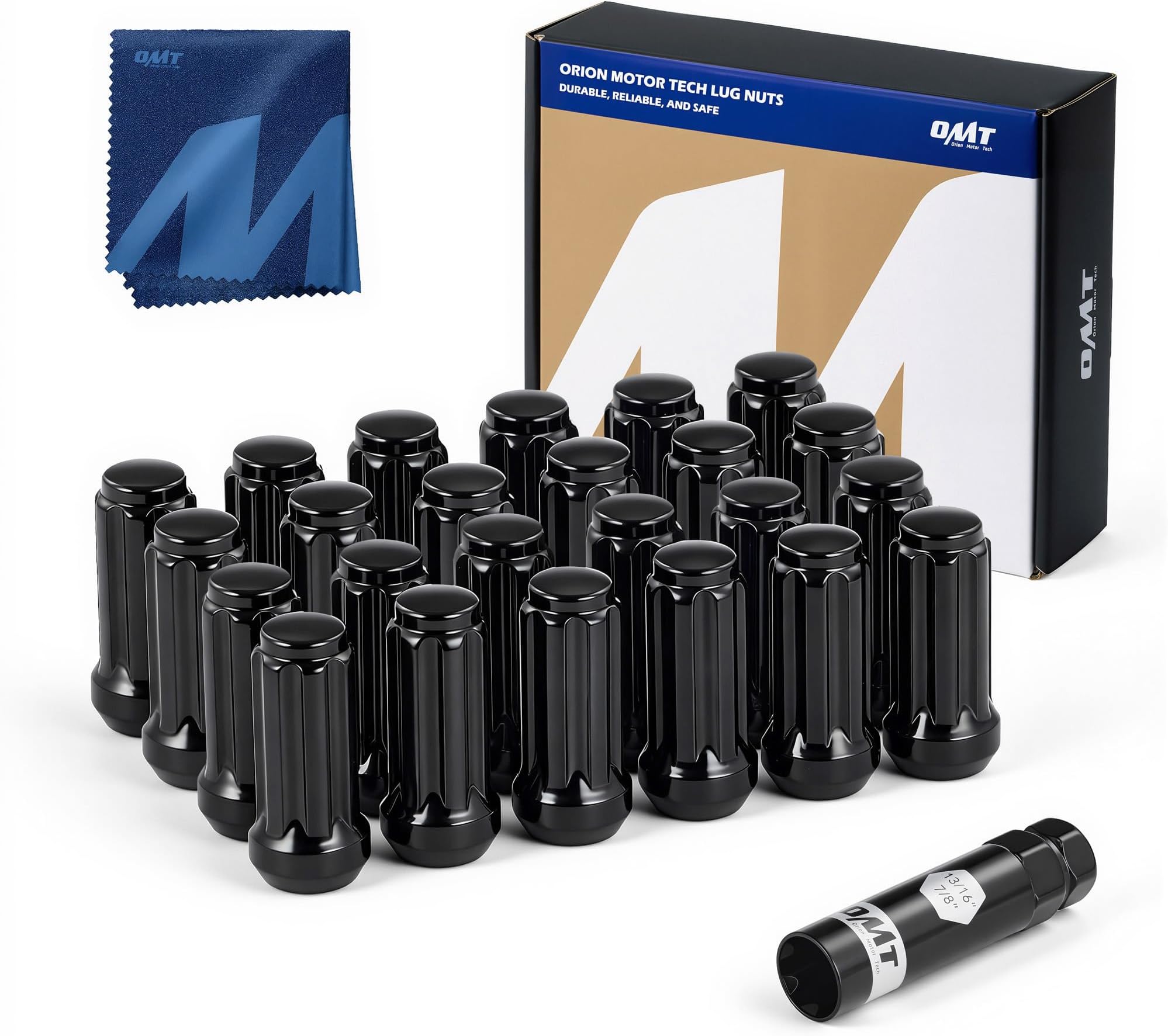 Orion Motor Tech M14x1.5 Lug Nuts Black with Spline Tuner, 2 inches Length Conical Wheel Nut, Compatible with Chevy GMC Ford Cadillac Lincoln SAAB Saturn Silverado 1500 Savana, Set of 24