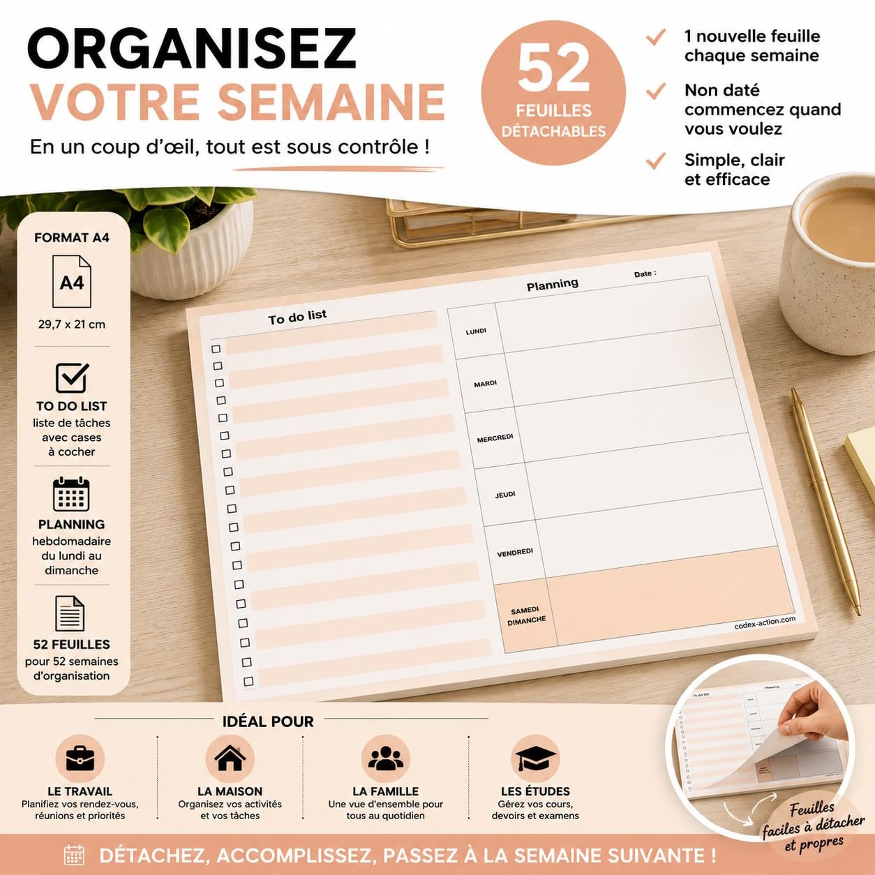 A4-Wochenplaner mit To Do List – Wochenkalender undatiert – 52 abnehmbare Blätter – Wochen-Organizer für Büro, Arbeit und Familie (Braun)