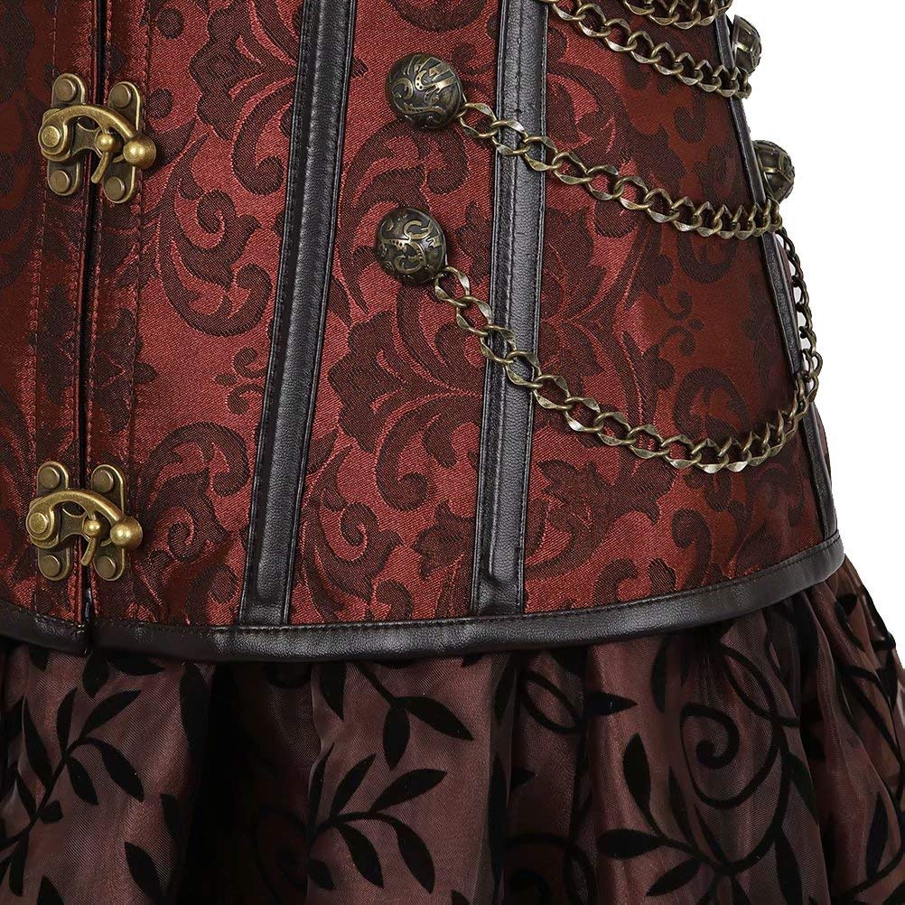 Jutrisujo Corsagenkleid korsett Kleid 3 Teiliges Steampunk Corsage piraten Kostüm mit Corset Dress Spitzenrock und Bluse für Halloween Braun 4XL