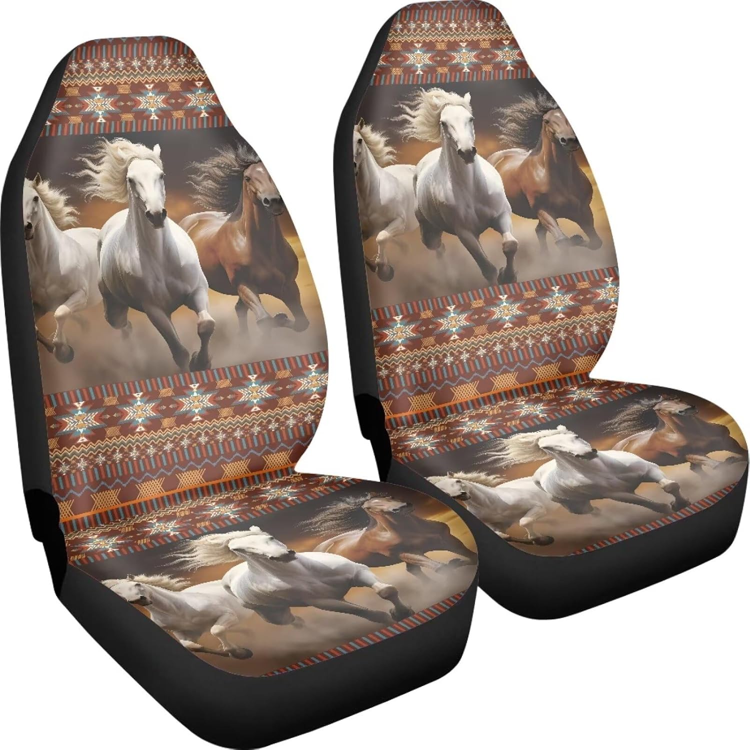 Car Seat Covers 2Pcs, Aztec Stripe Horse Print Front Bucket Seat Cover, Stretch Soft Fabric Auto Accessories Auto Seat Cover Universal Fits for Most Cars, SUVs, Trucks