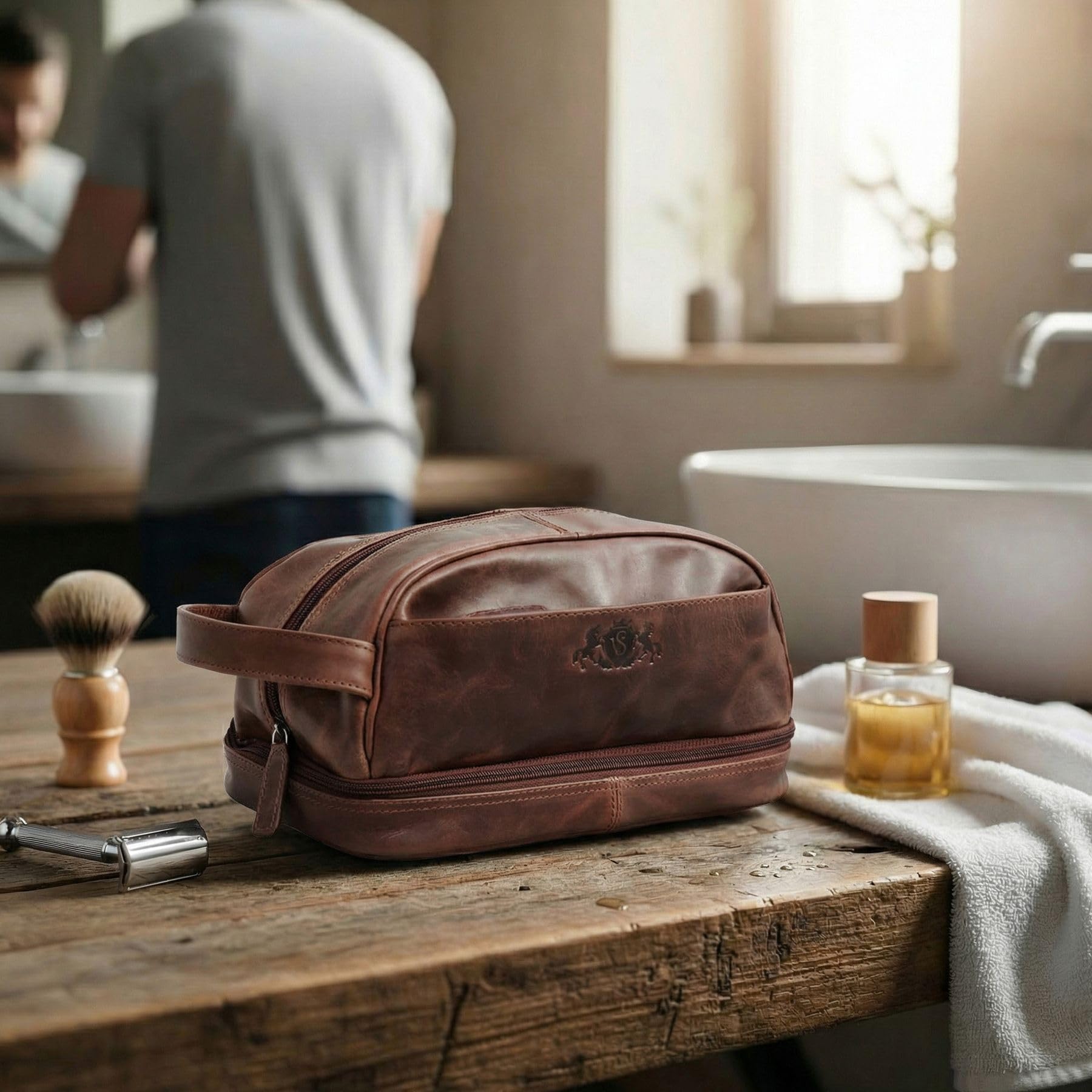 SID & VAIN® borsa toiletry vera pelle vintage ALEX grande borsetta necessaire Toilette pochette beauty case da Viaggio uomo marrone prodotto artigianale