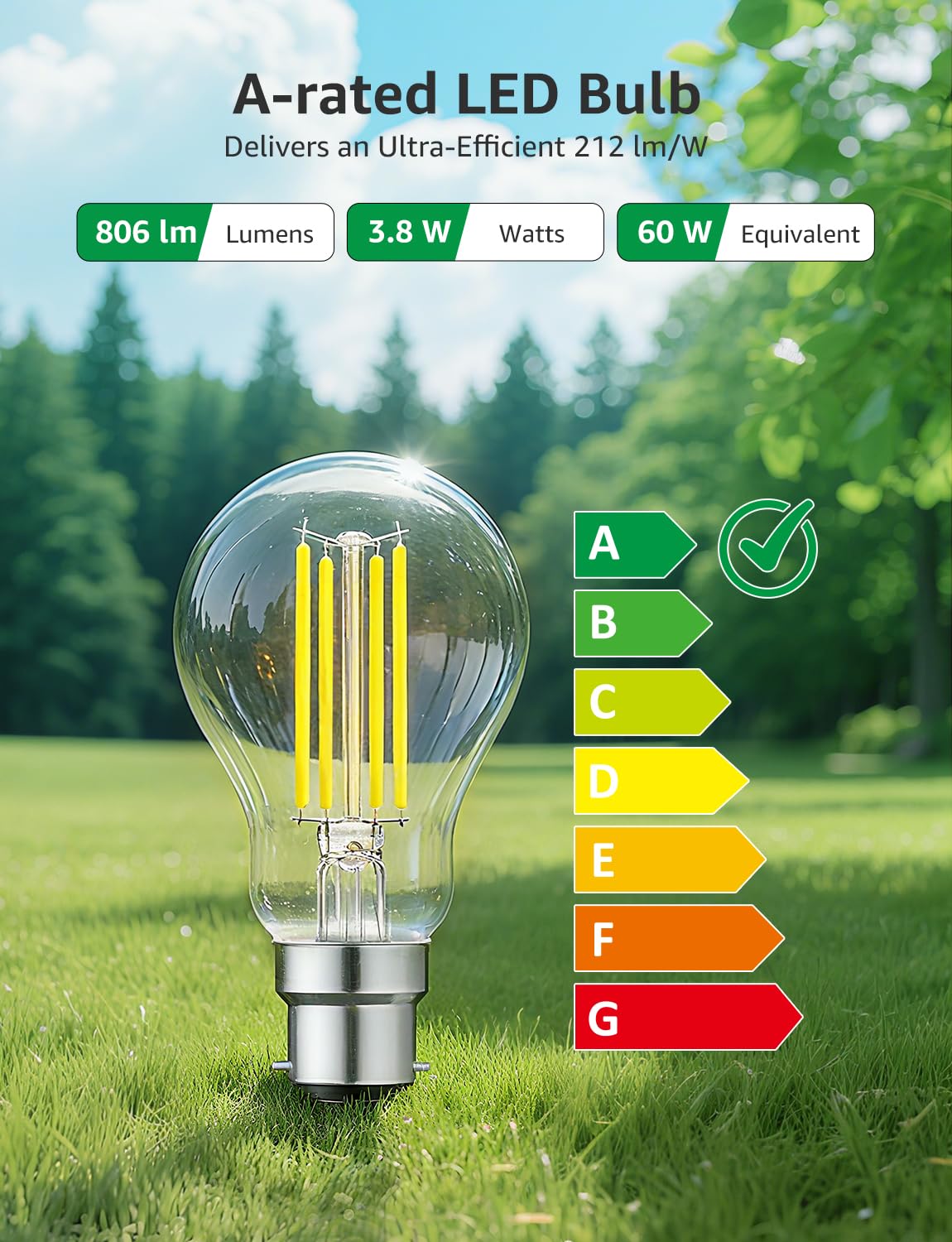 Lepro B22 Bayonet Light Bulb, A-Rated Ultra-efficient LED Bulb, 3.8W = 60W, 806lm, 2700K Warm White, 50000H Lifespan - Image 2