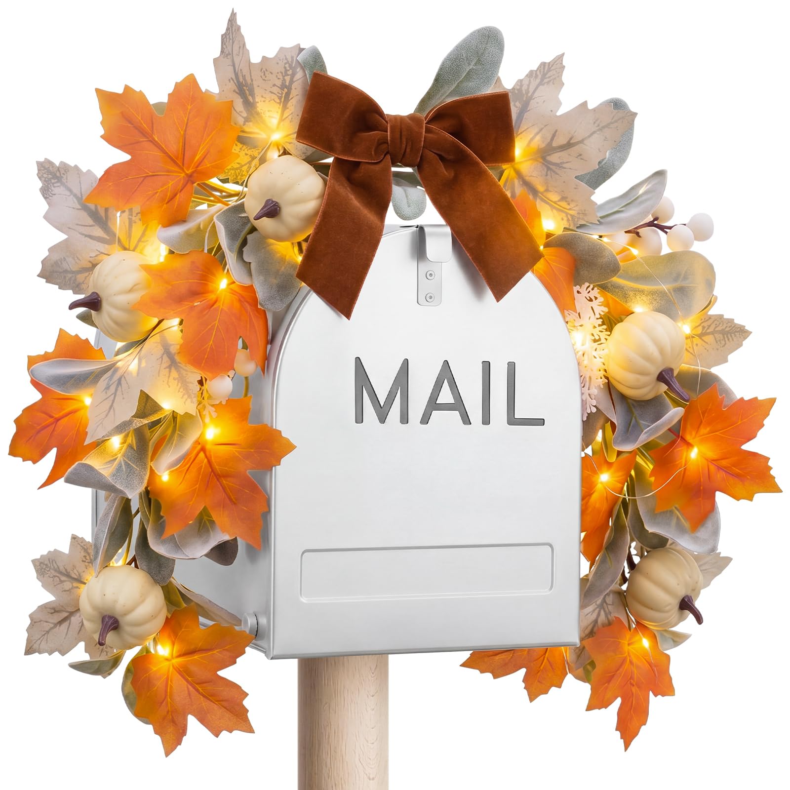 Fall Mailbox Decor 23.6'' Autumn Mailbox Swag Garland with Lights, Fall Pumpkins Maple Leaves Garland Thanksgiving Harvest Swag for Mail Box Window Mantels Home and Outside Decor