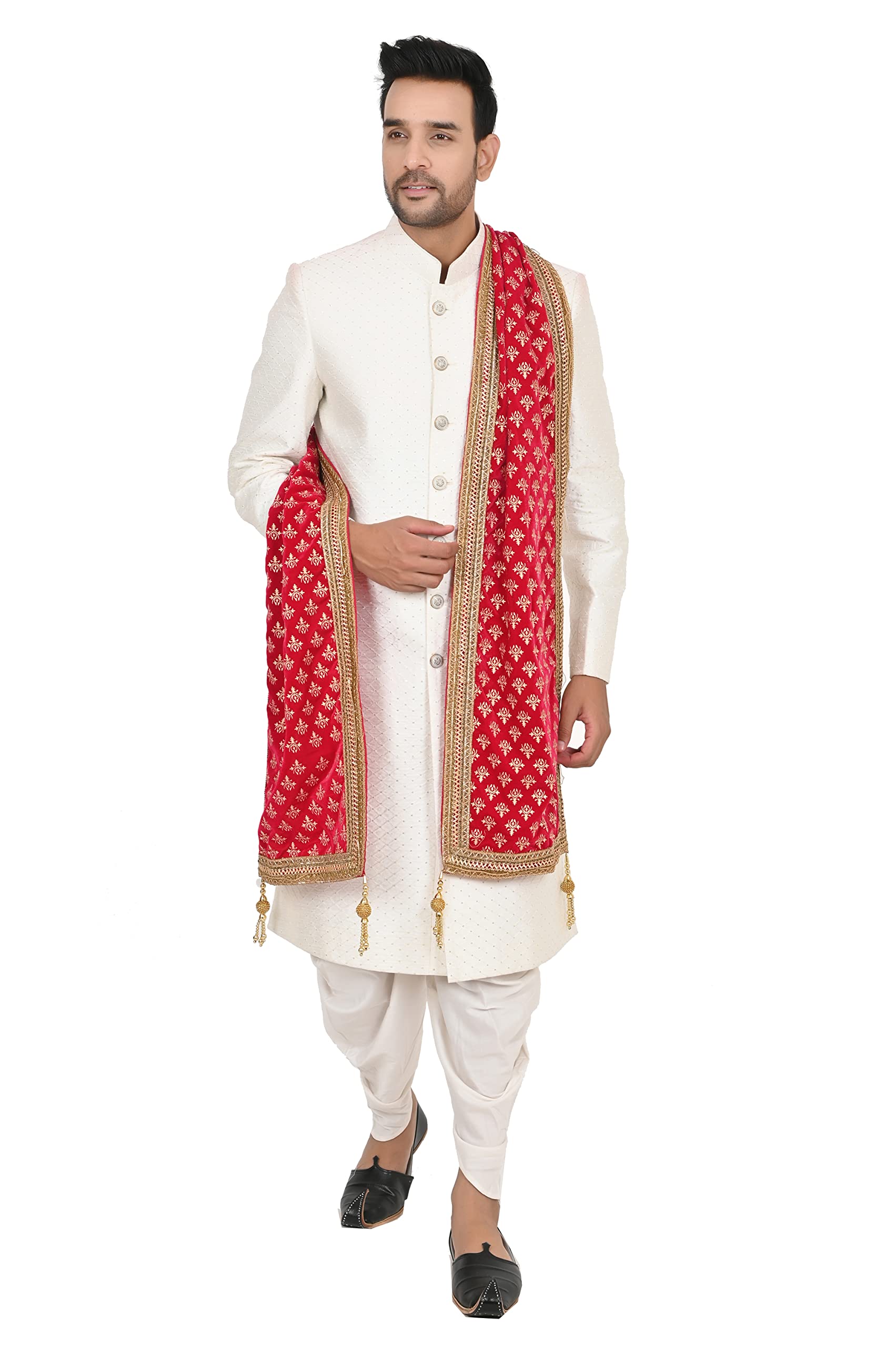 sneh Men's Velvet Gold Print Sherwani Dupatta with Tassels (Pink,Free Size)-picture-31