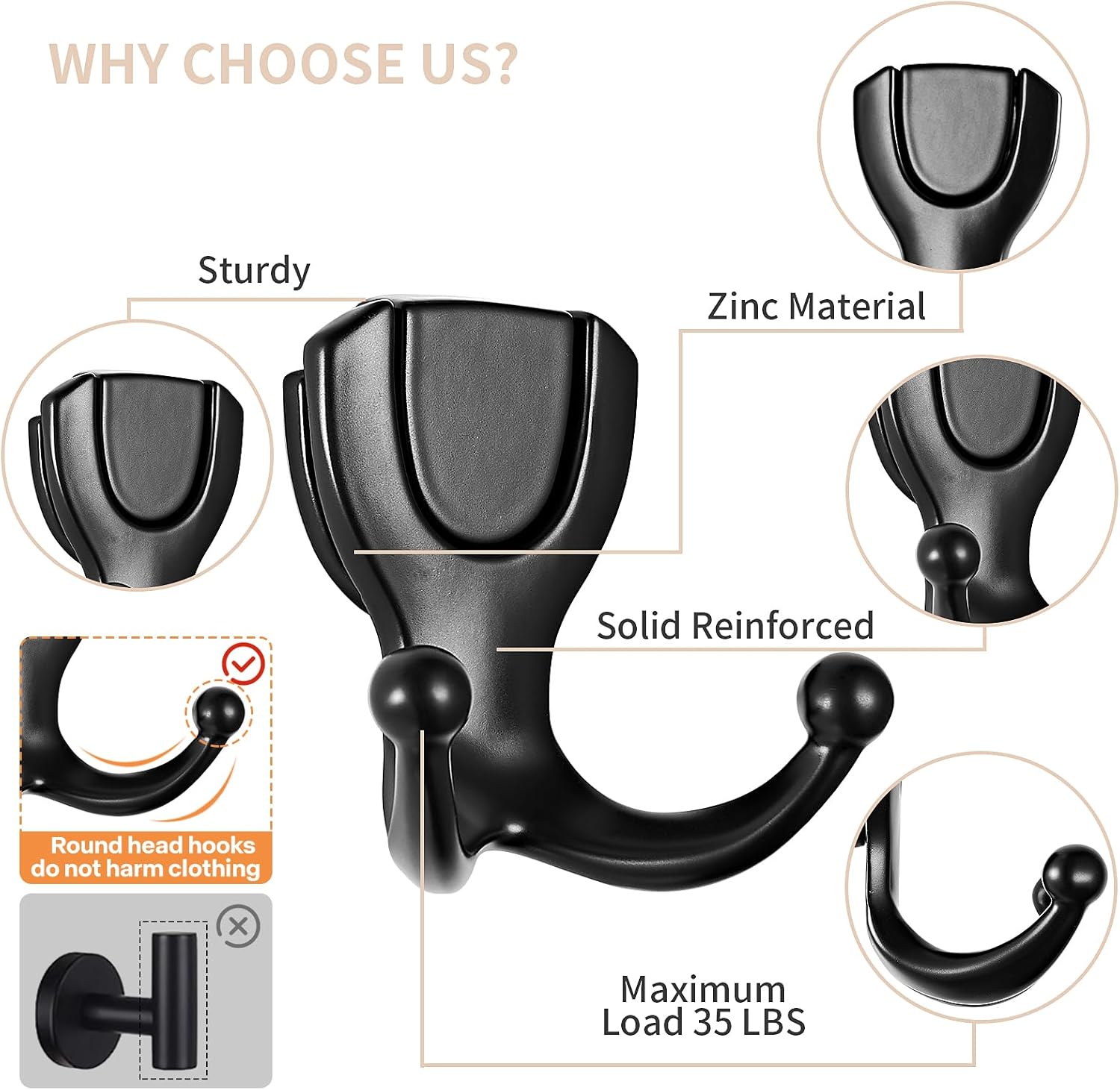 Coat Hooks Wall Mount: Flip Lid Conceals Screws & Double Hooks, Heavy Duty Wall Hooks, Damage-Resistant Clothing Design, Towel Hooks for Bathroom Living Room to Hang Coats Hats Keys (6, Black)
