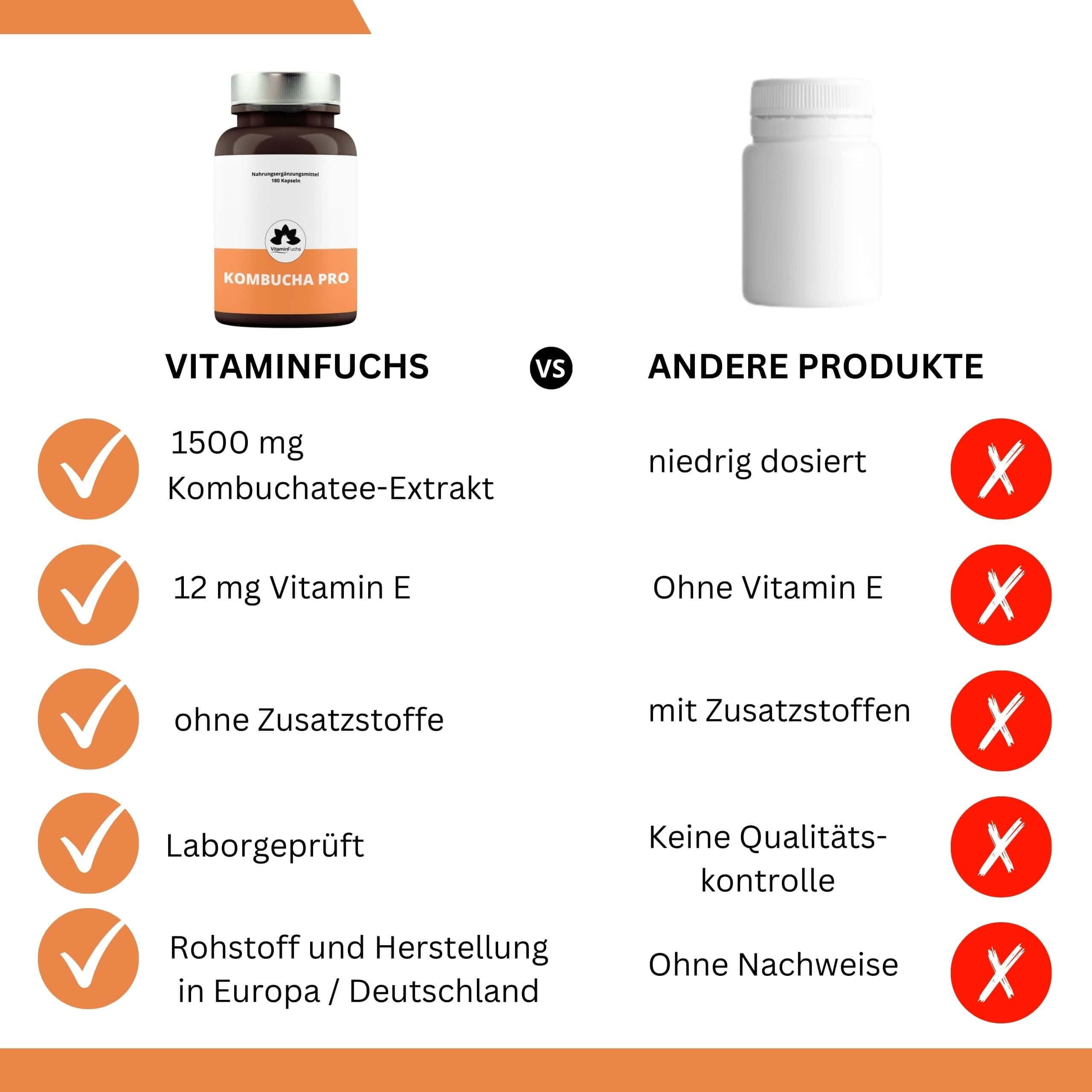 Kombucha Kapseln mit Vitamin E - 3 Monatsversorung mit 180 Kapseln - Kombucha Pilz - Premium Vitamin E Kapseln mit Kombucha-Extrakt von VitaminFuchs