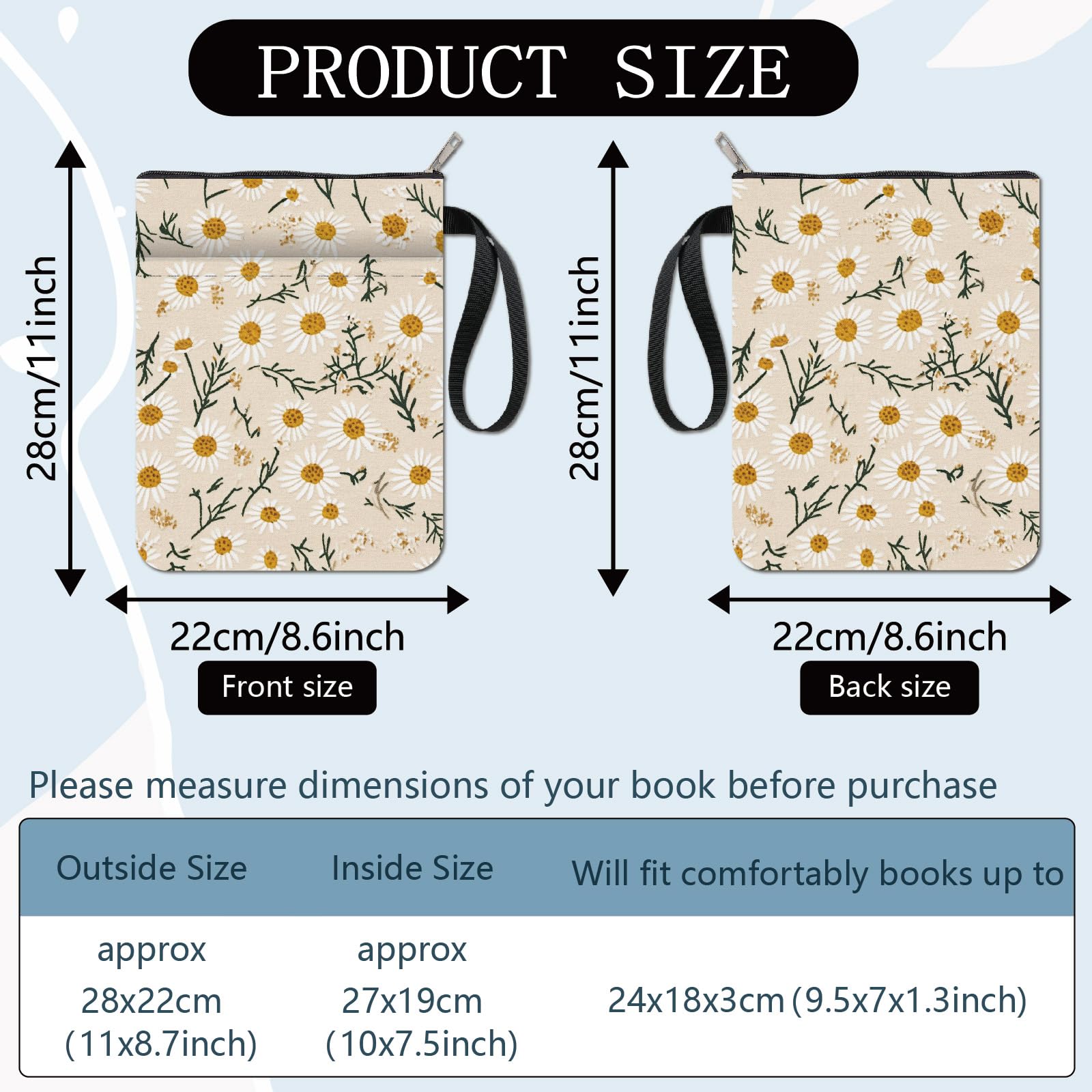 CRASPIRE Daisy Book Covers Flower Book Protector Chrysanthemum Book Sleeve for Paperbacks Washable Fabric Cloth Book Cover with Zipper and Extra Sleeve Pocket for Book Lovers Classmate Gifts - Image 2